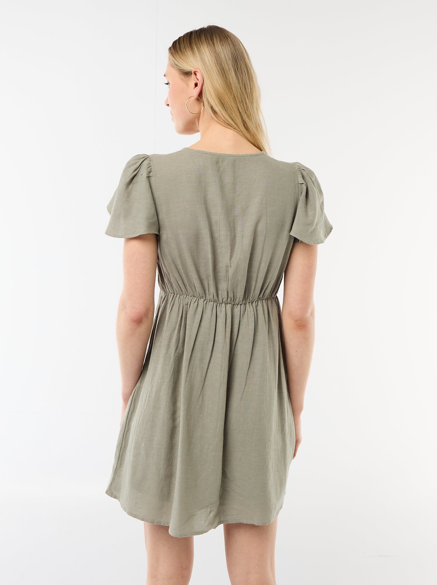 Robe courte manches papillons en coton et lin - Vert