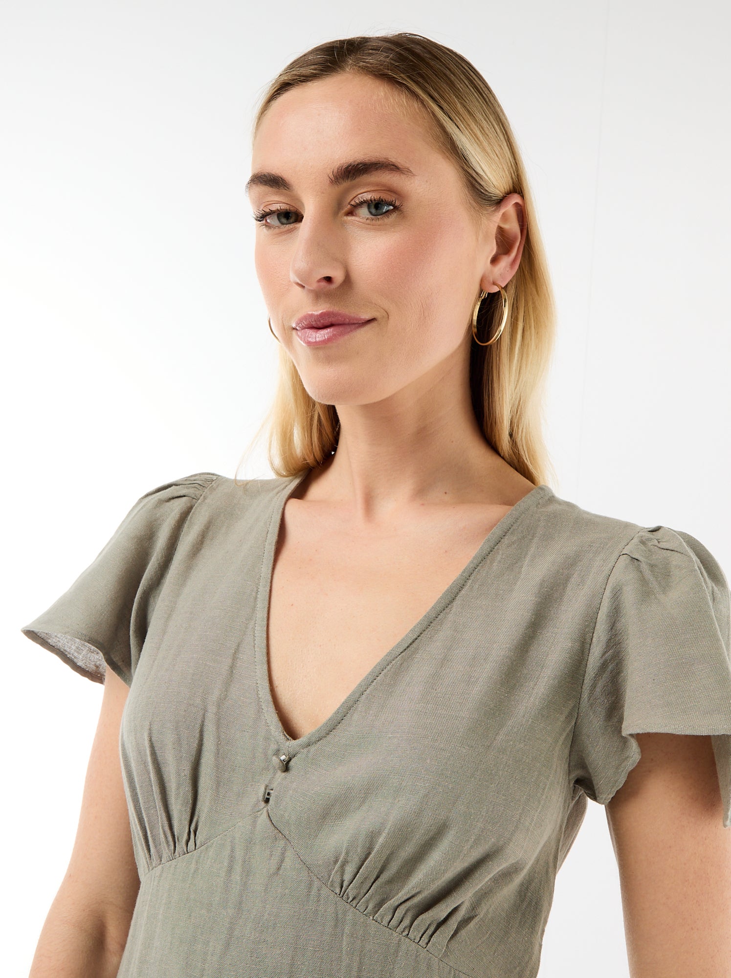 Robe courte manches papillons en coton et lin - Vert