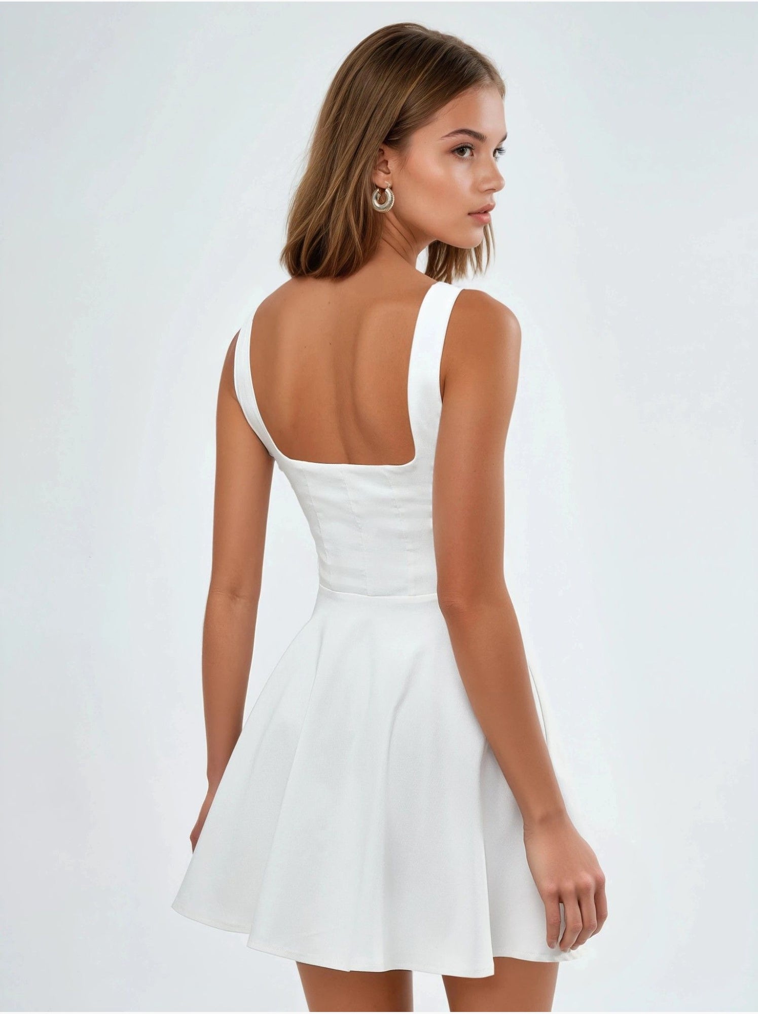 Robe courte trapèze à col carré et fermeture éclair - Blanc