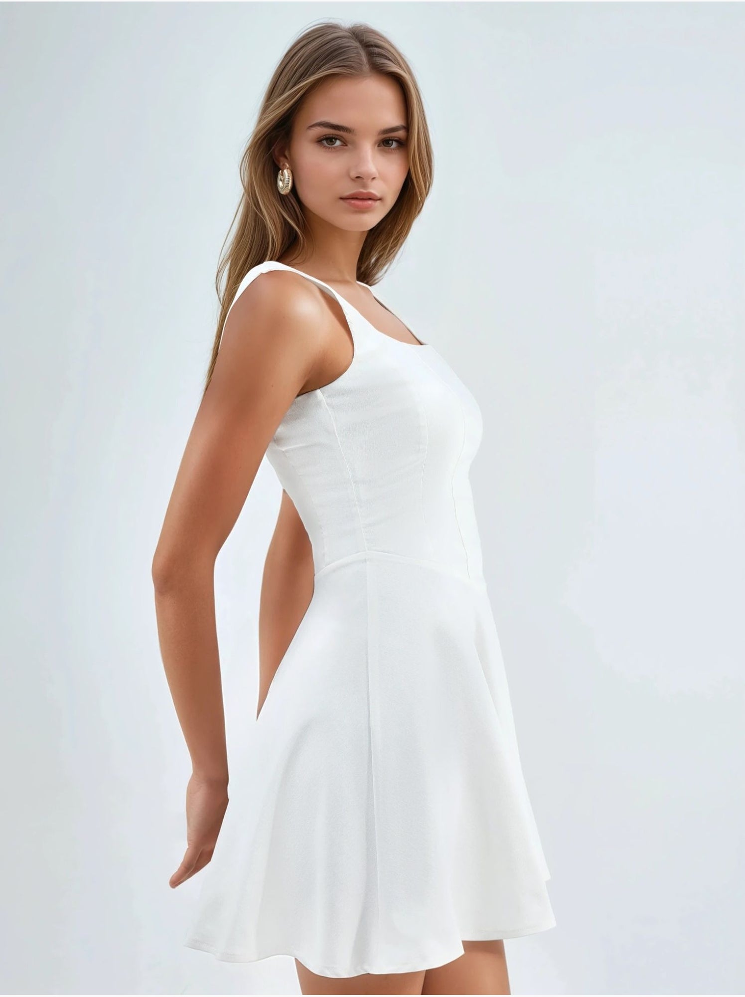 Robe courte trapèze à col carré et fermeture éclair - Blanc