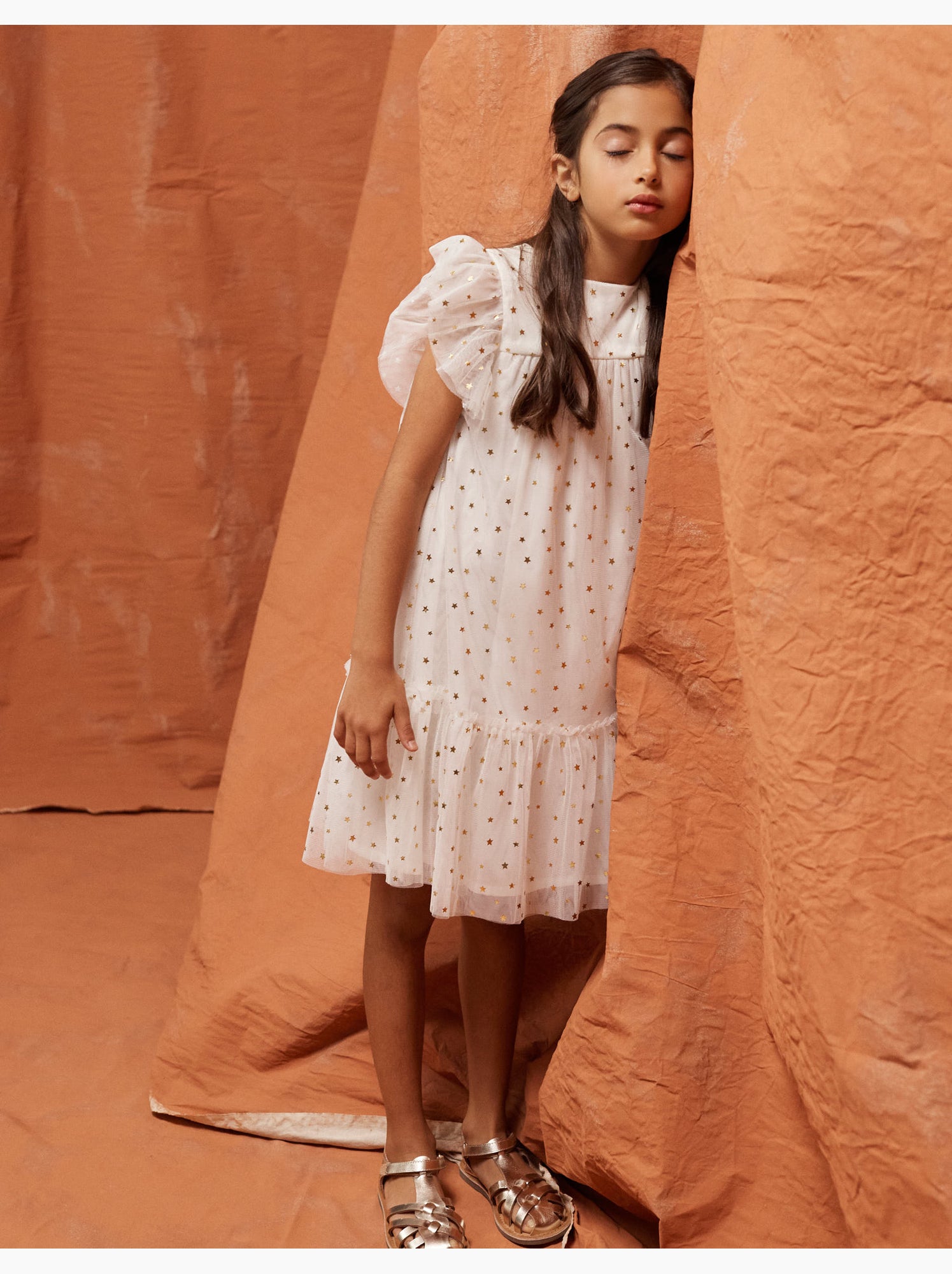 Robe en tulle sans manches avec volants et étoiles - Blanc