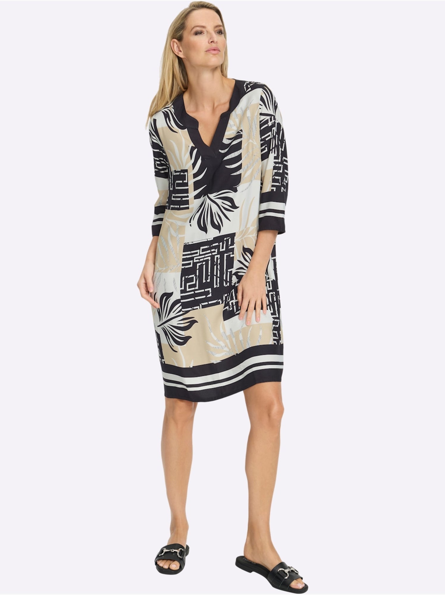 Robe imprimée motif graphique - taille standard - helline - Beige/Noir
