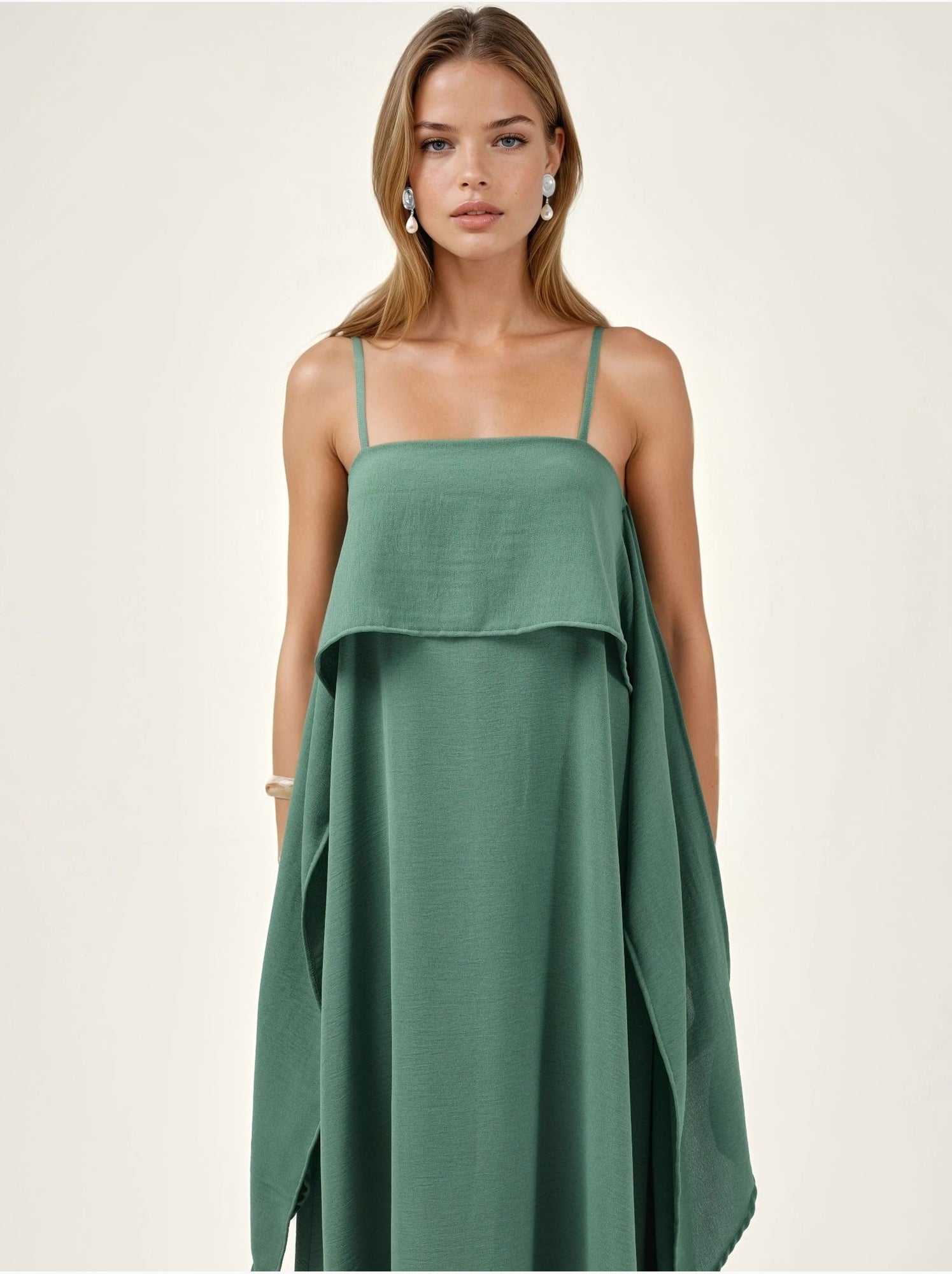 Robe longue à bretelles spaghetti superposées et col carré - Vert