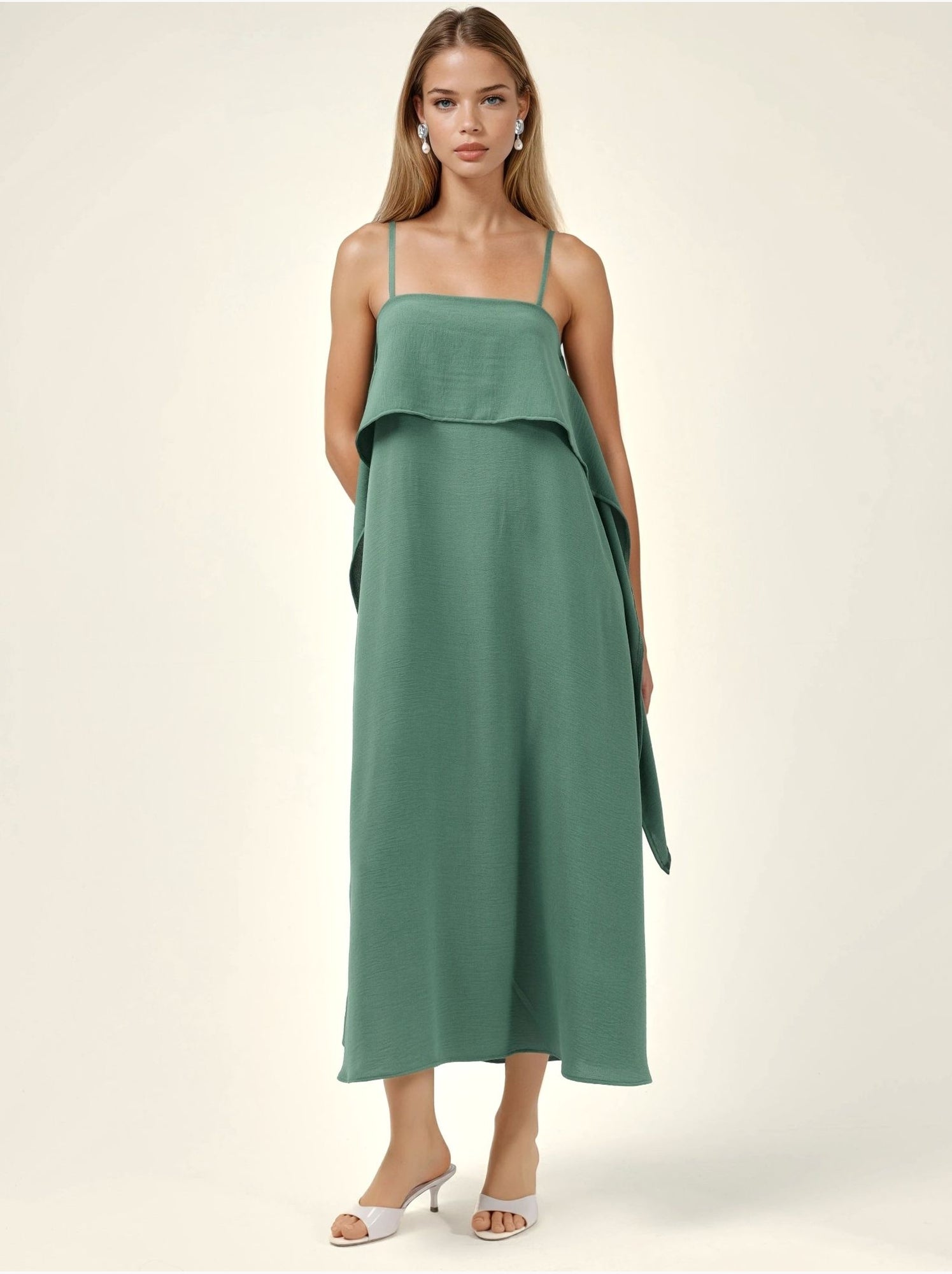 Robe longue à bretelles spaghetti superposées et col carré - Vert