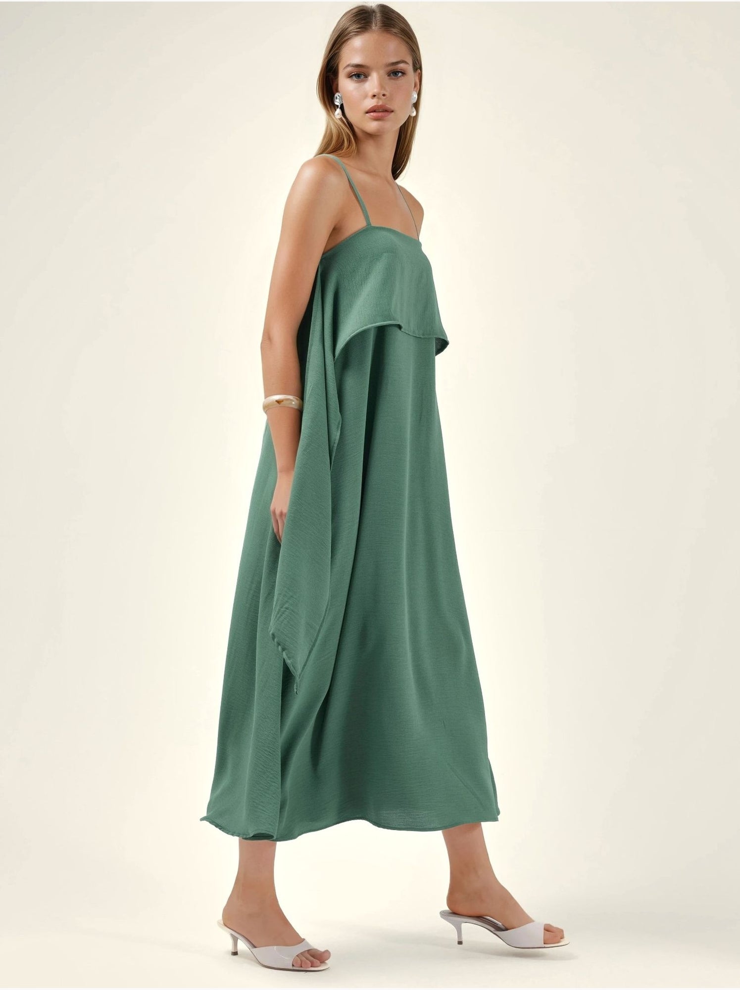 Robe longue à bretelles spaghetti superposées et col carré - Vert