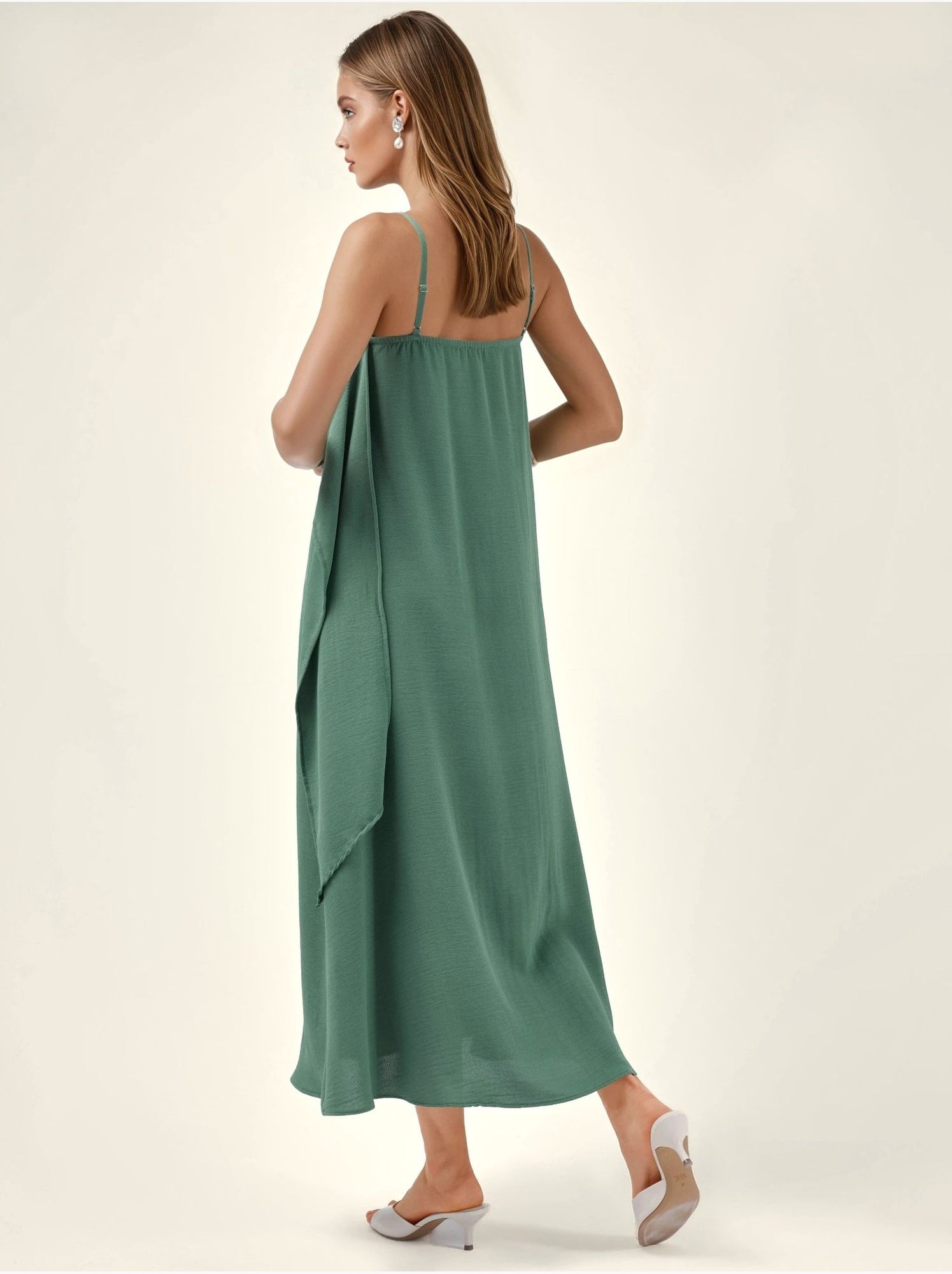 Robe longue à bretelles spaghetti superposées et col carré - Vert