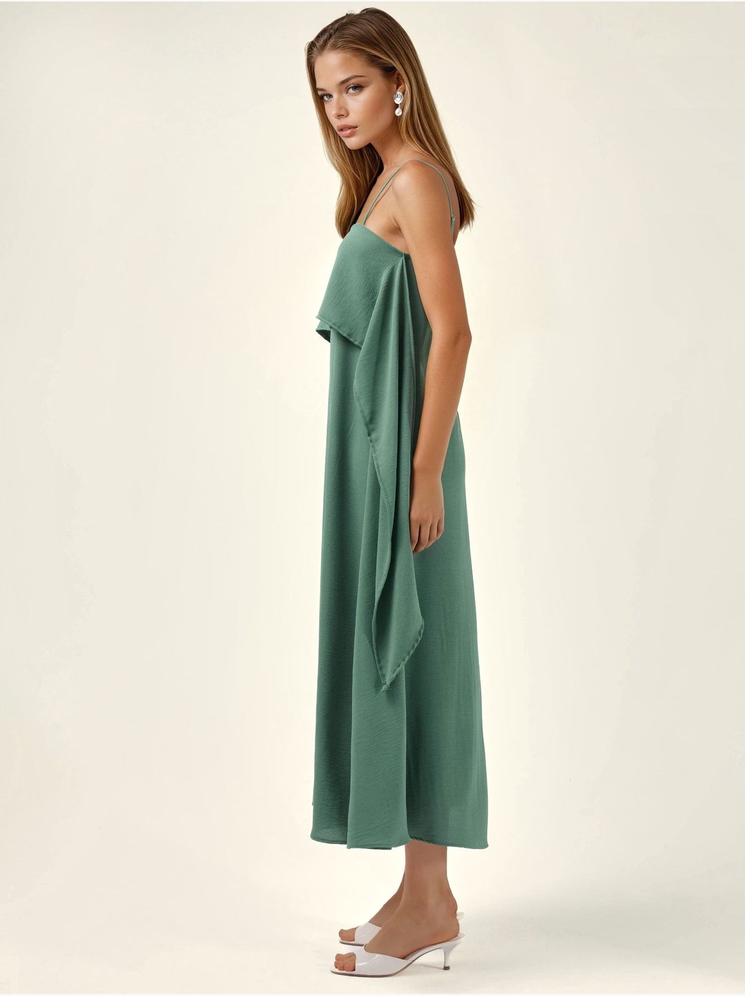 Robe longue à bretelles spaghetti superposées et col carré - Vert