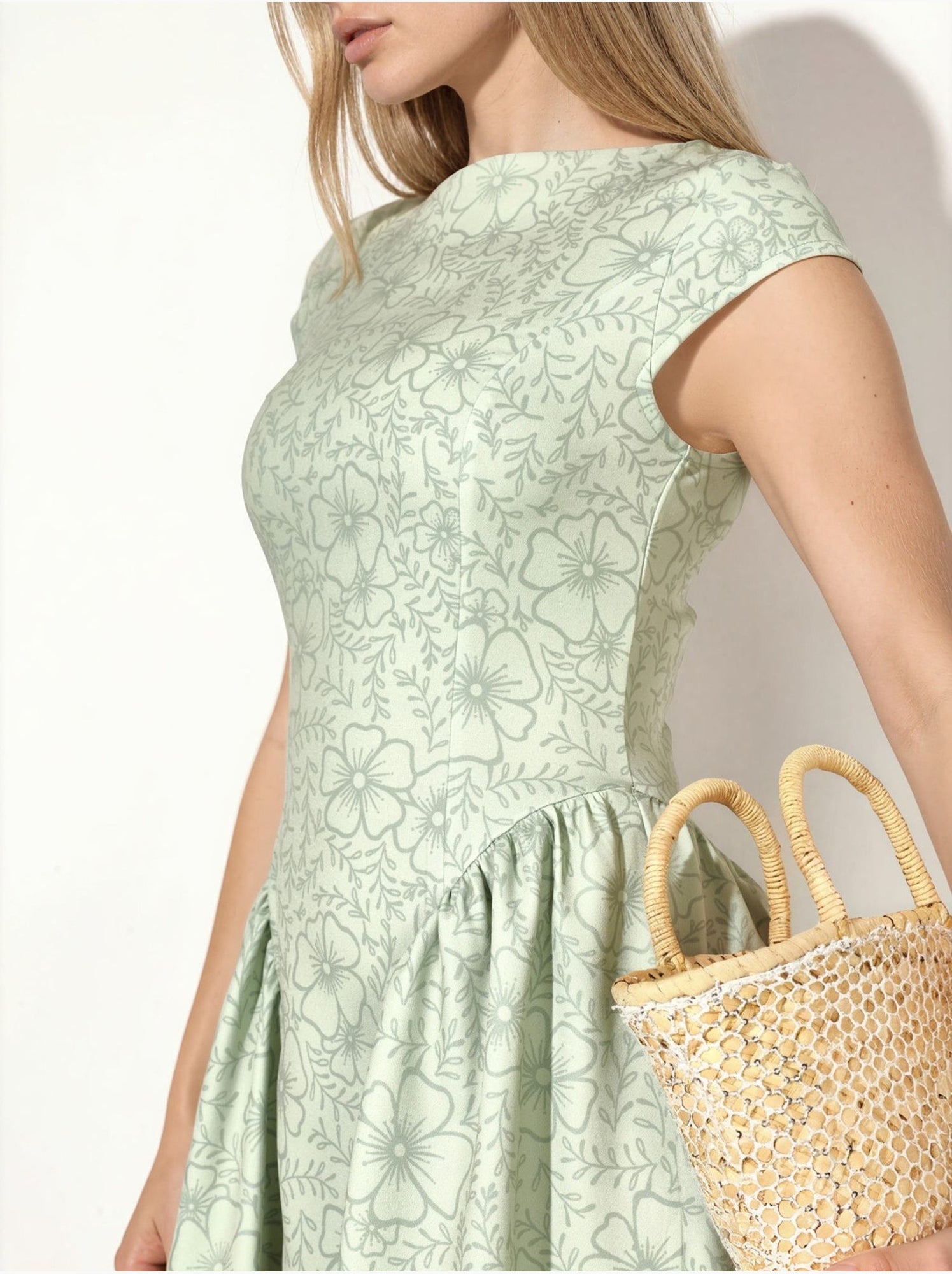 Robe longue à col roulé mi-long en jacquard floral - Vert menthe