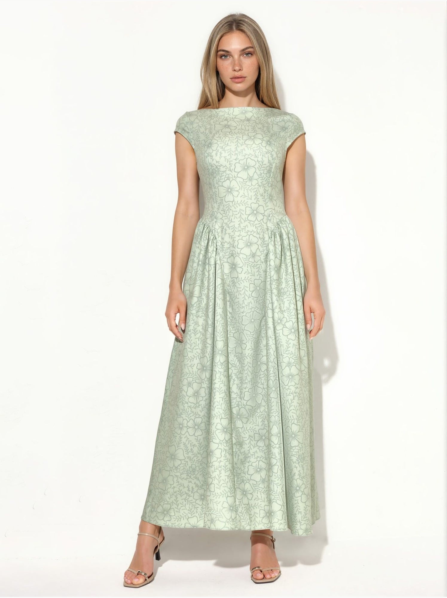 Robe longue à col roulé mi-long en jacquard floral - Vert menthe