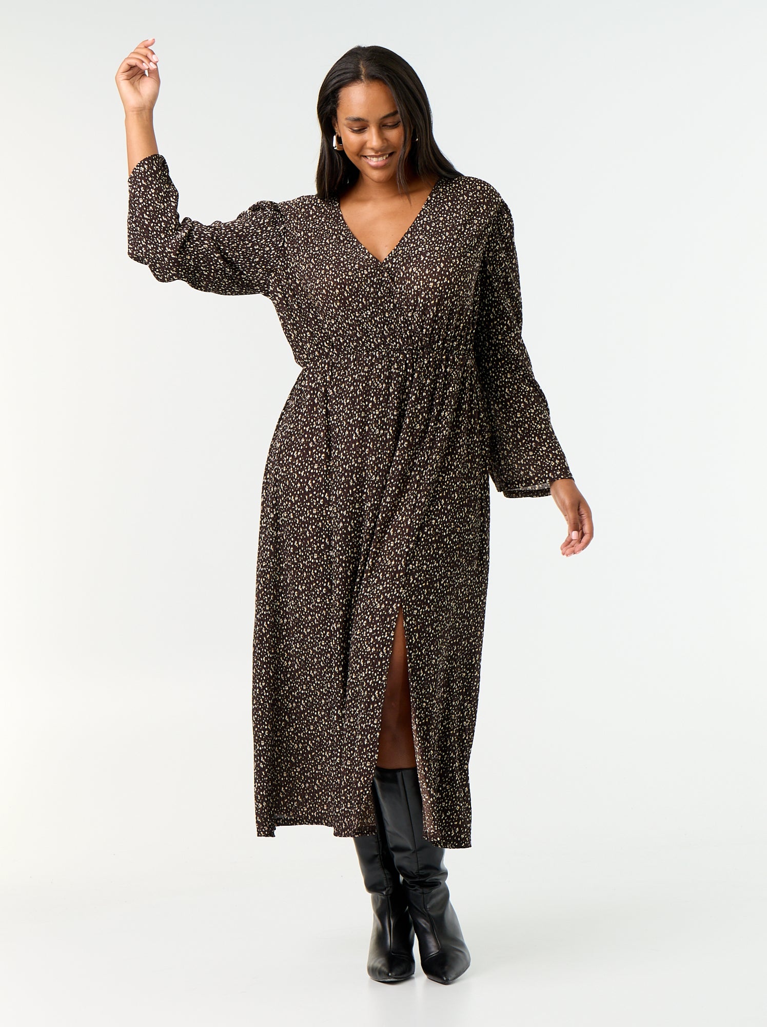 Robe longue à manches longues à motif - Marron
