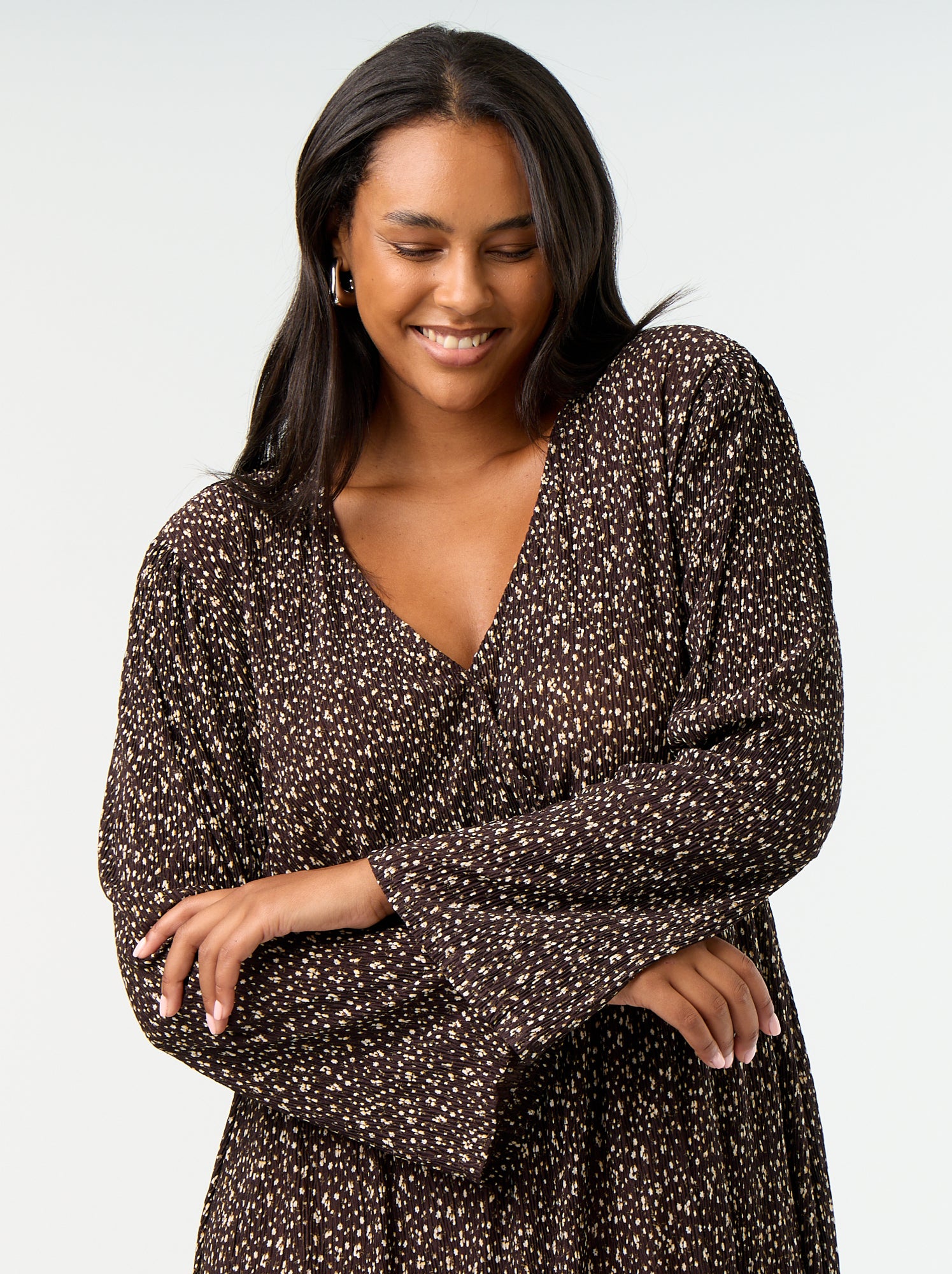 Robe longue à manches longues à motif - Marron