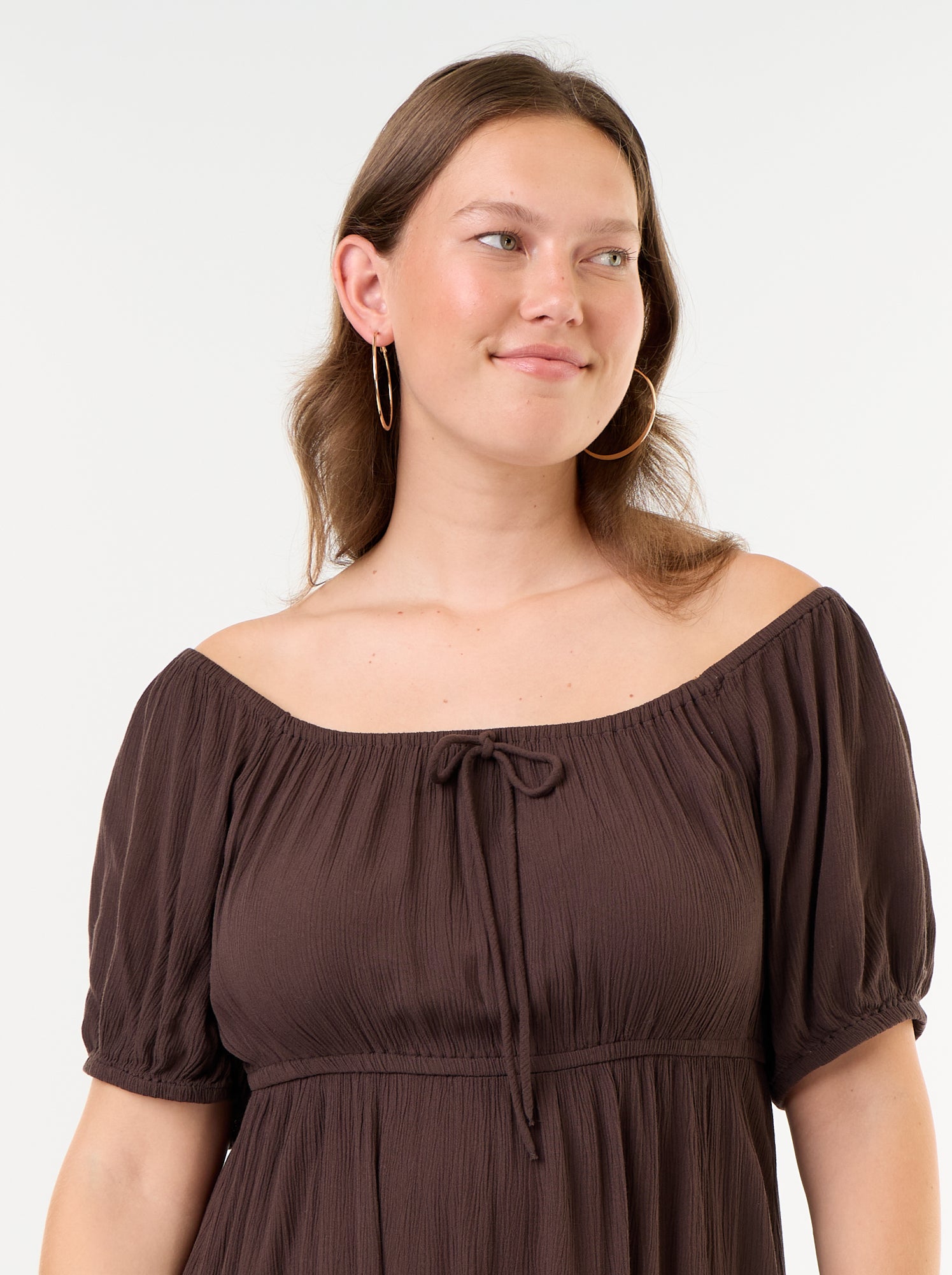 Robe longue avec col bardot - Marron
