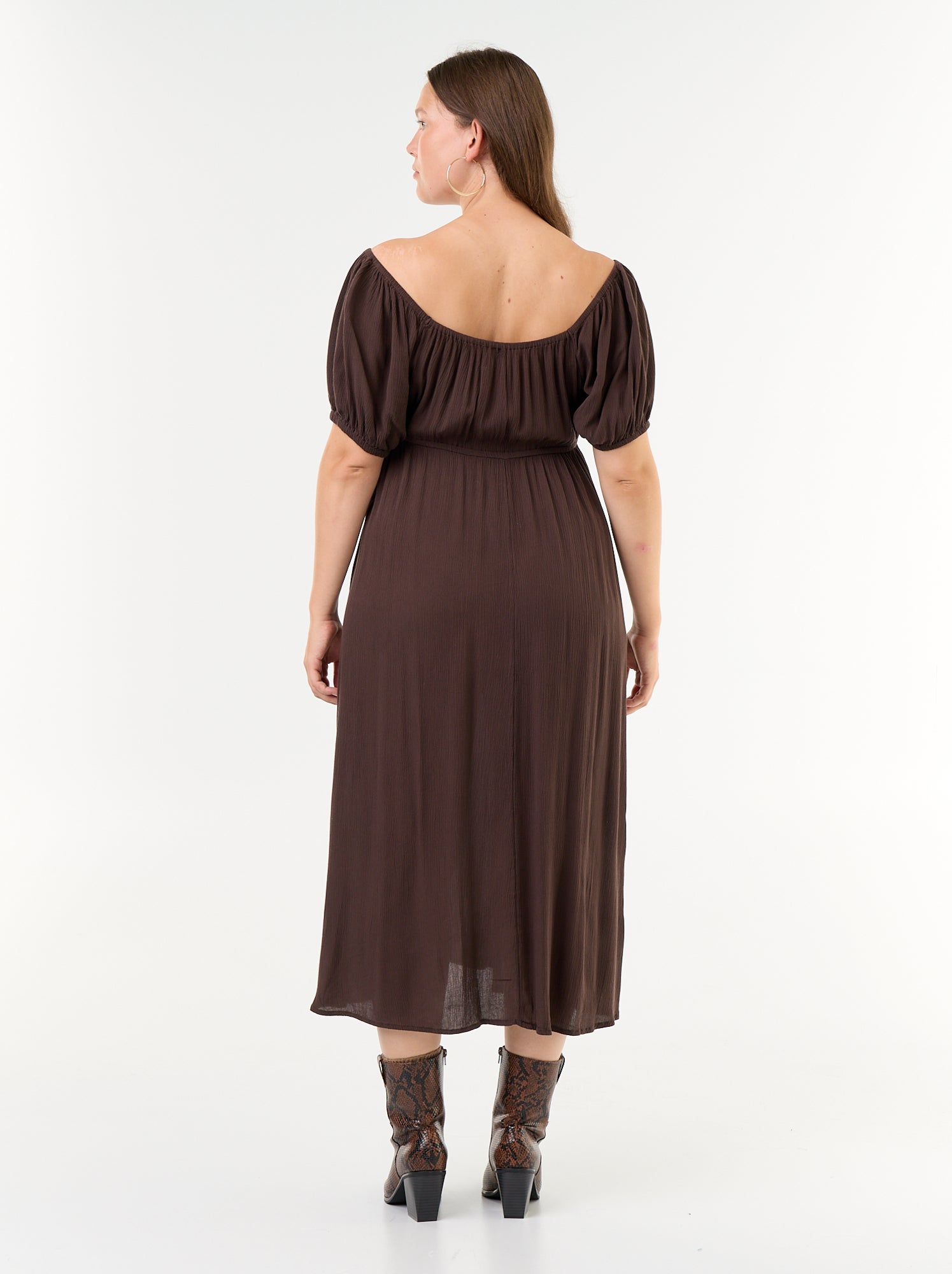 Robe longue avec col bardot - Marron