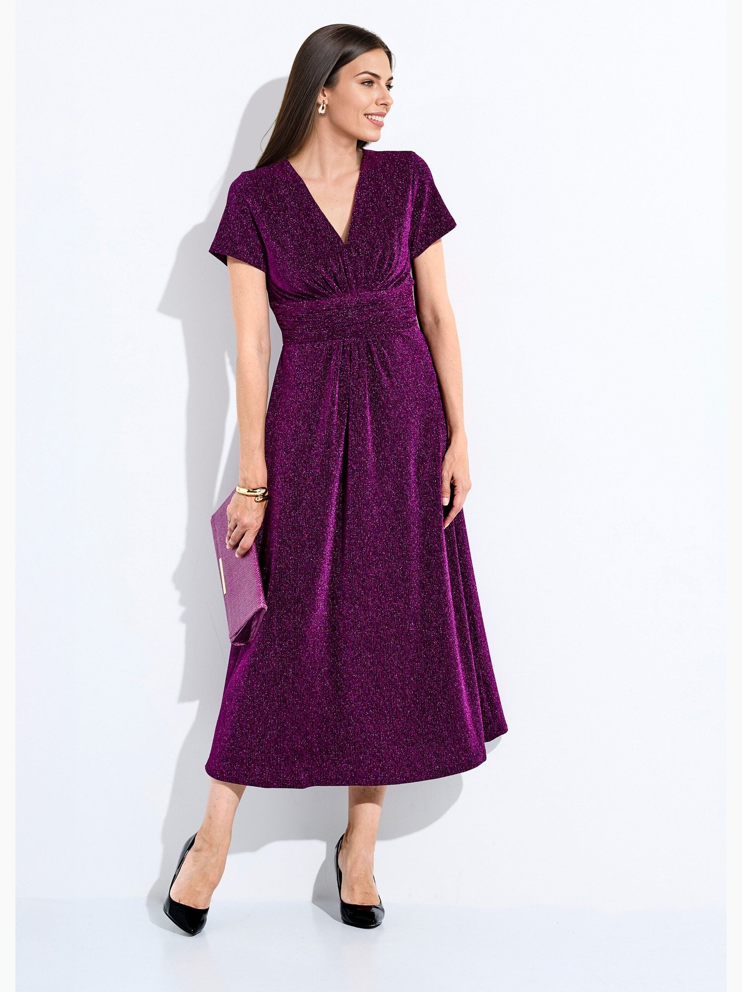 Robe longue brillante col v smockée dos - afibel - Rose