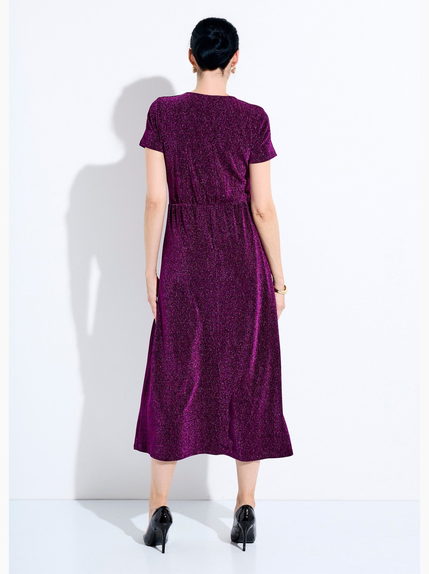 Robe longue brillante col v smockée dos - afibel - Rose
