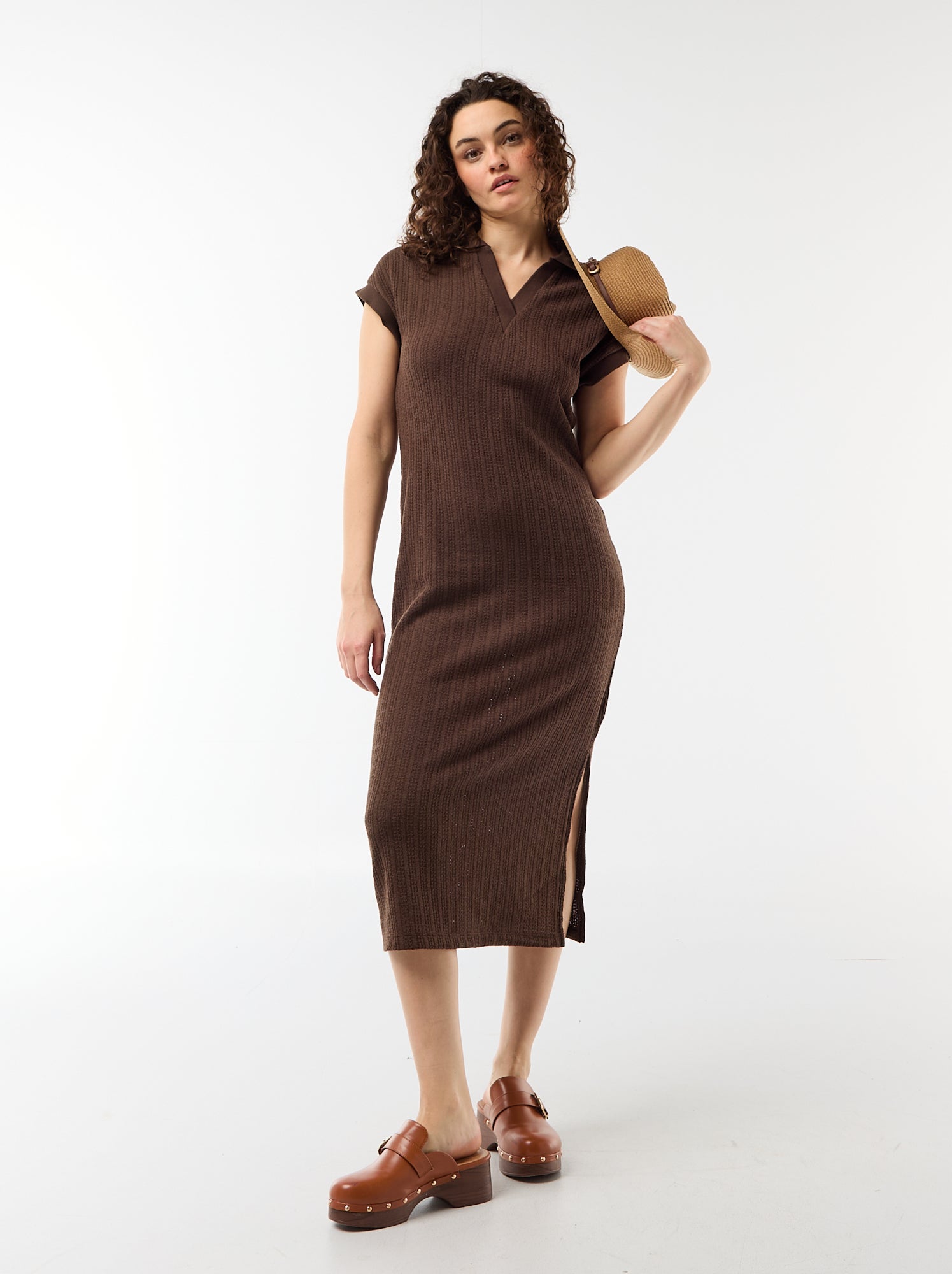 Robe longue col polo - Marron