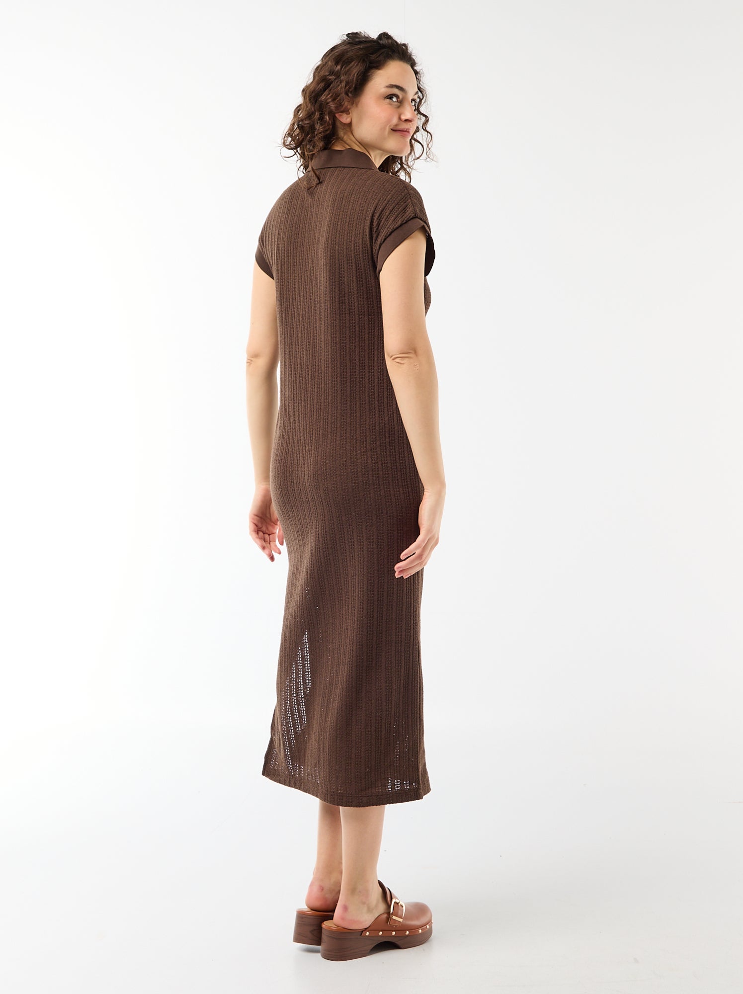 Robe longue col polo - Marron