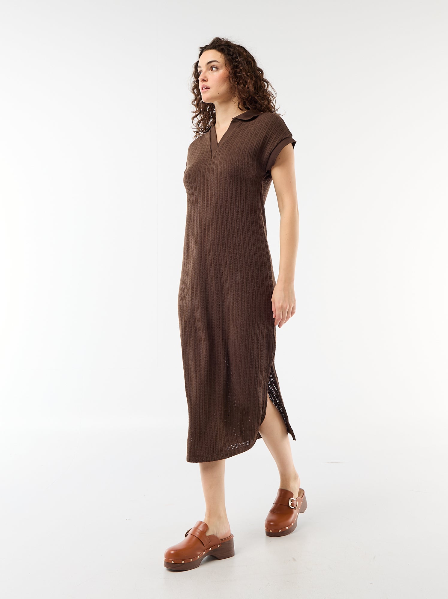 Robe longue col polo - Marron