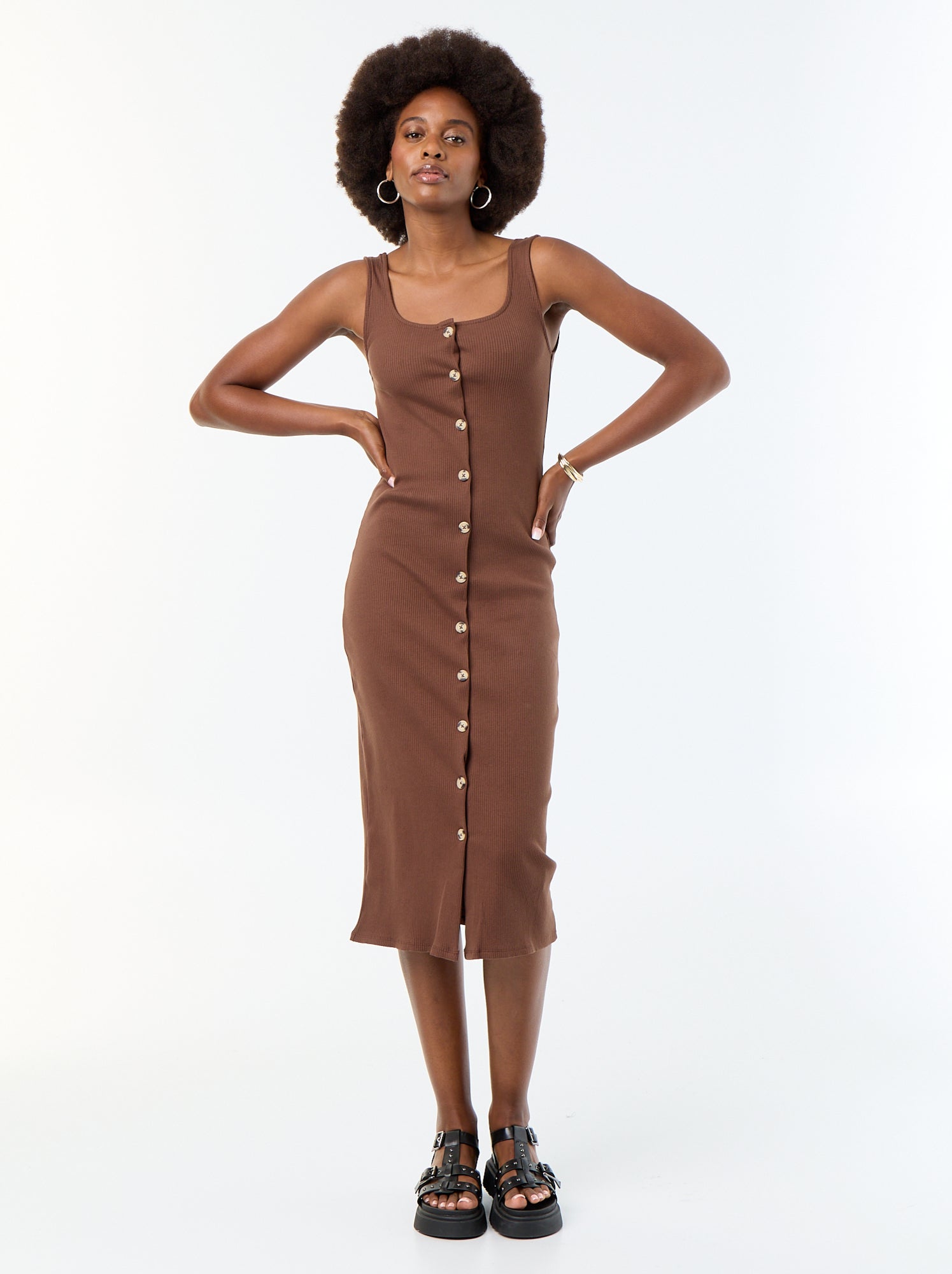 Robe longue côtelée - Marron