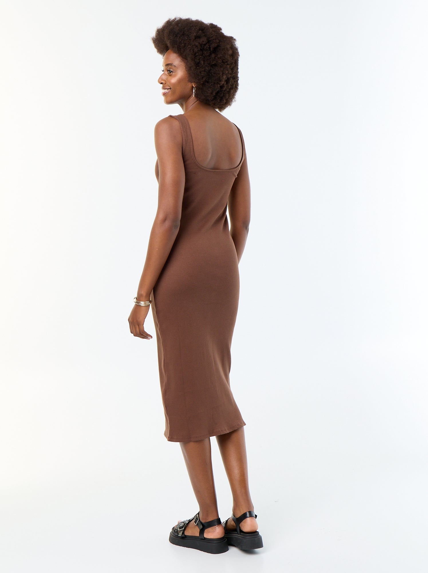Robe longue côtelée - Marron