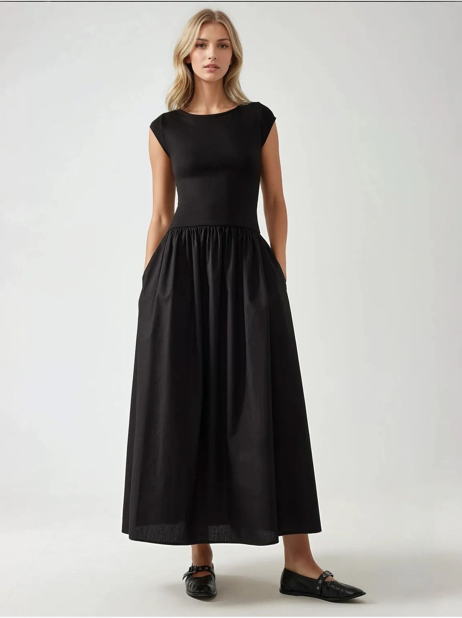 Robe longue coupe A à col bateau - Noir