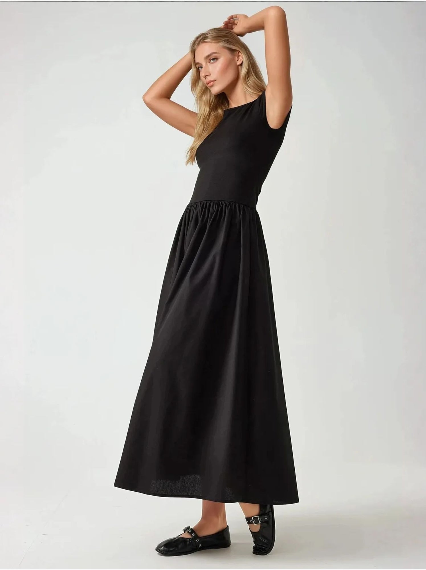 Robe longue coupe A à col bateau - Noir