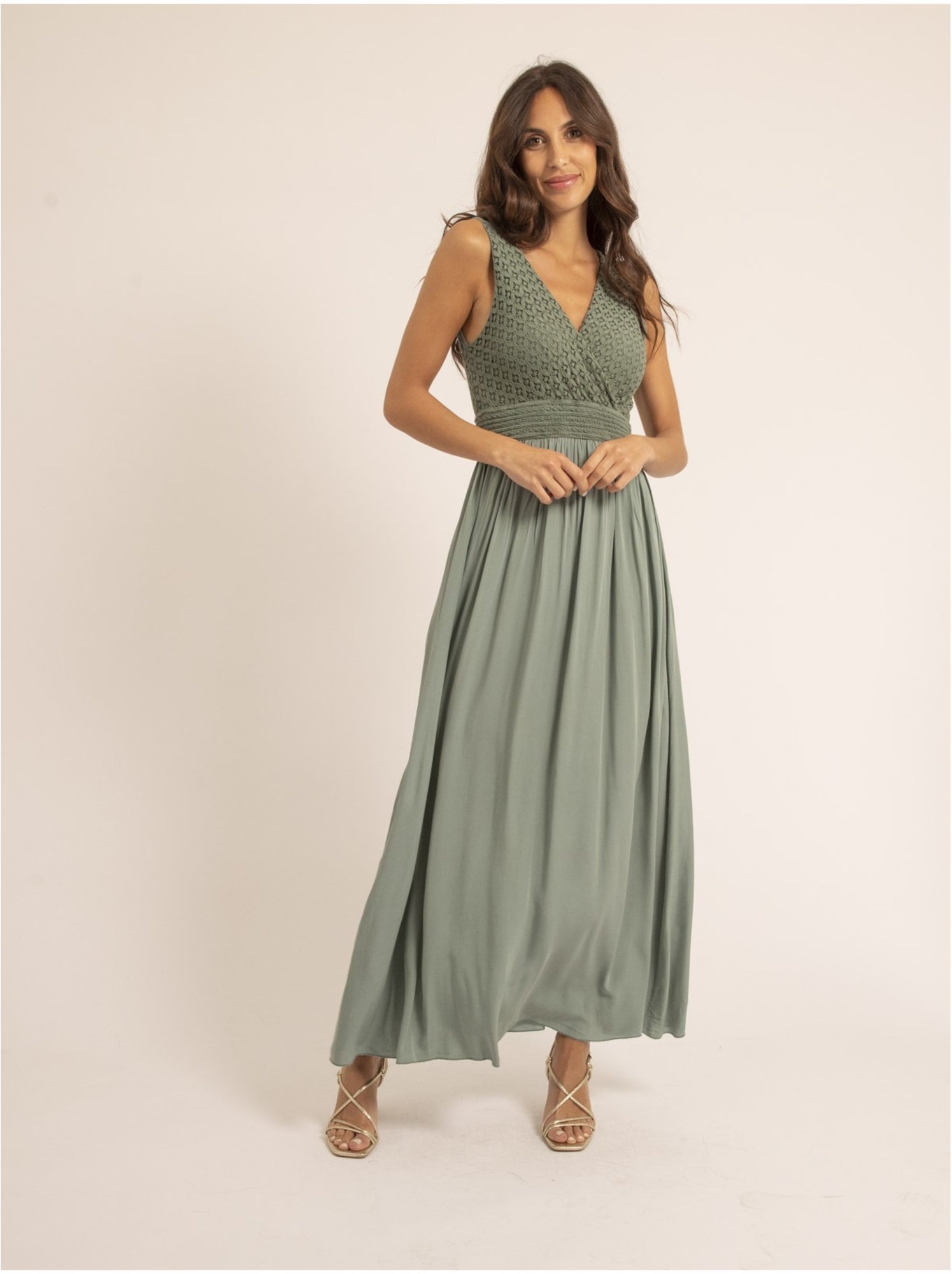 Robe longue dentelle IPALENE - Kaki