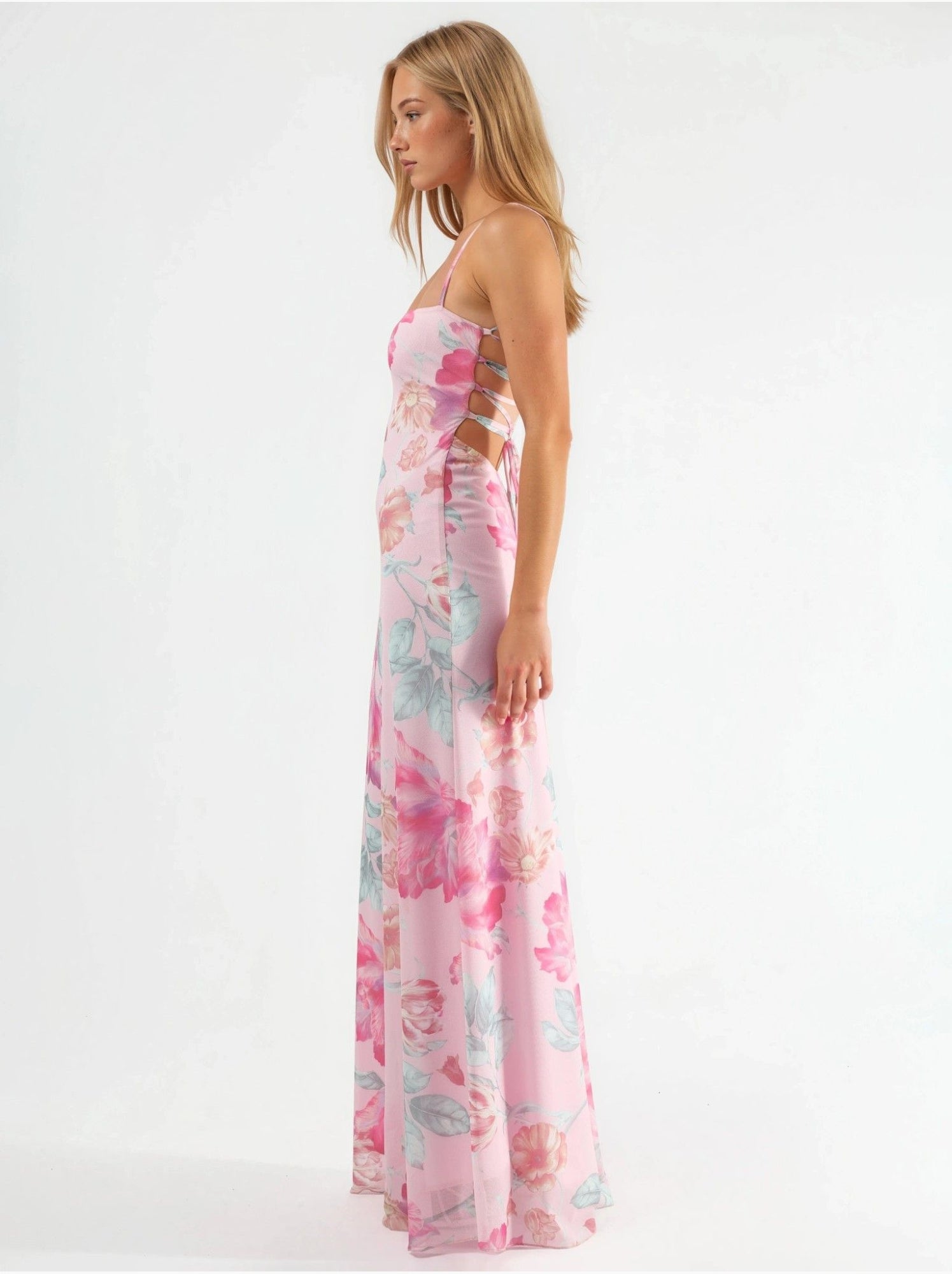 Robe longue dos nu à fleurs - Rose clair