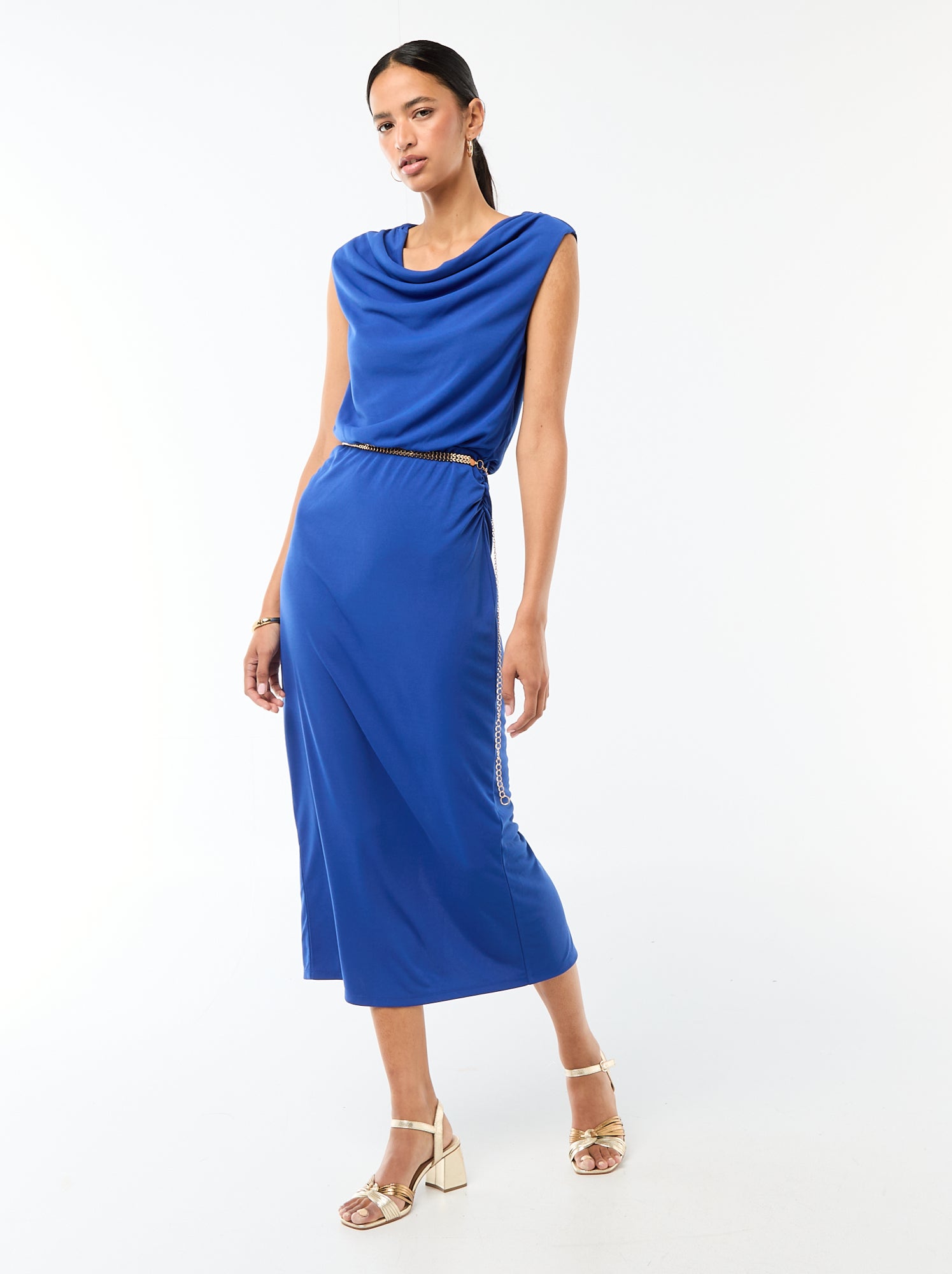 Robe longue drapée avec col bénitier - Bleu (FWI87_2)