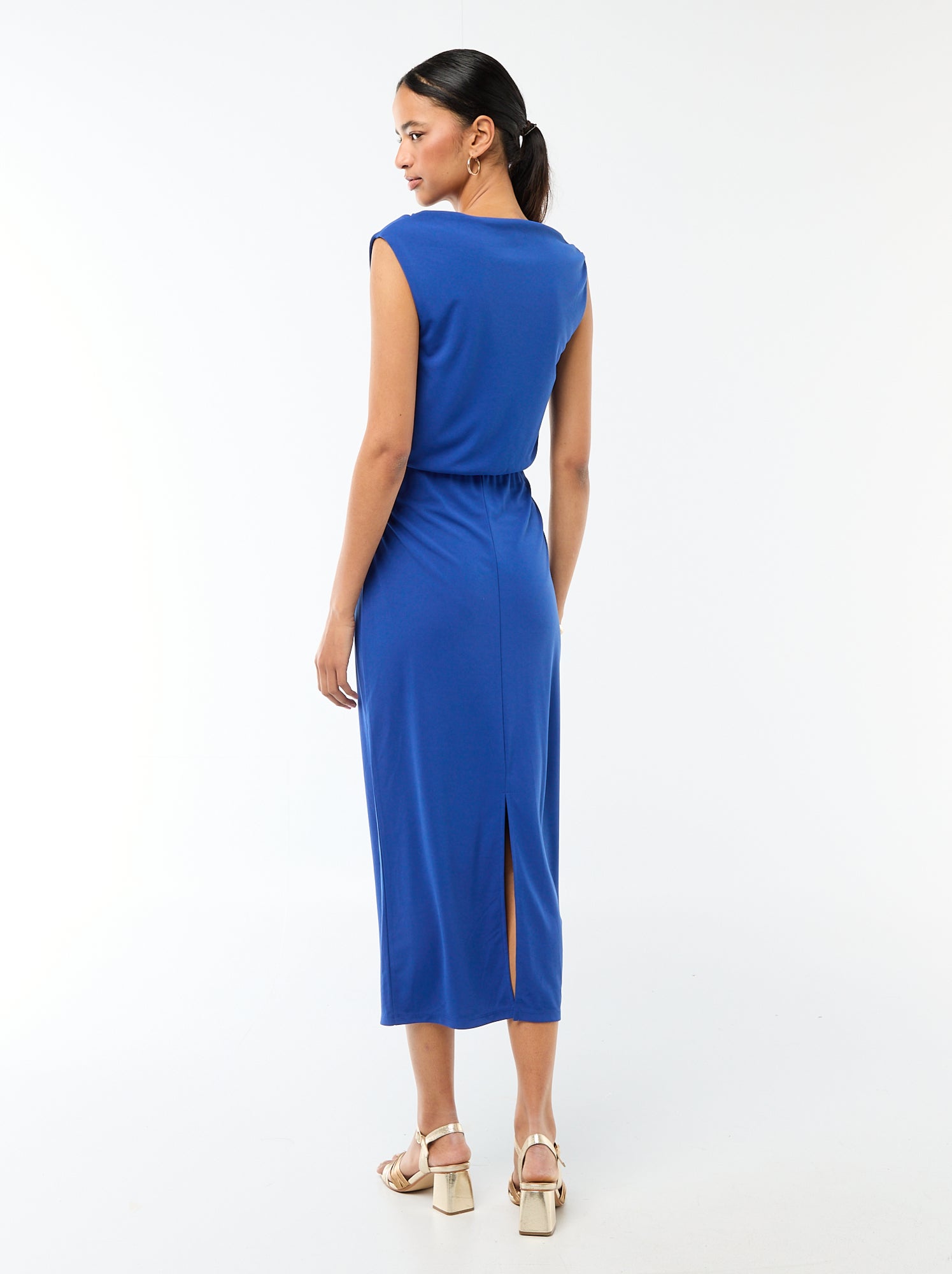 Robe longue drapée avec col bénitier - Bleu (FWI87_2)