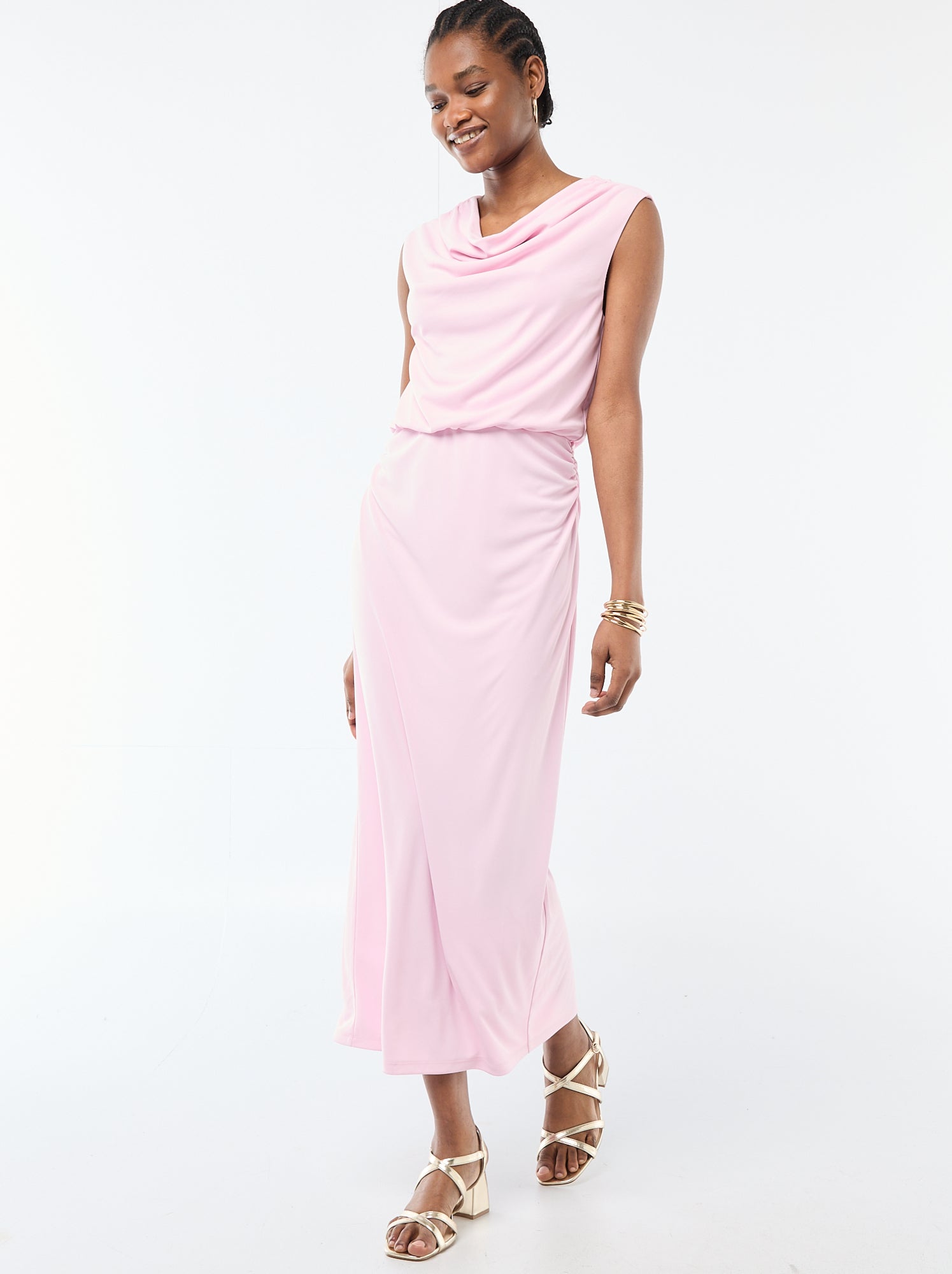 Robe longue drapée avec col bénitier - Rose