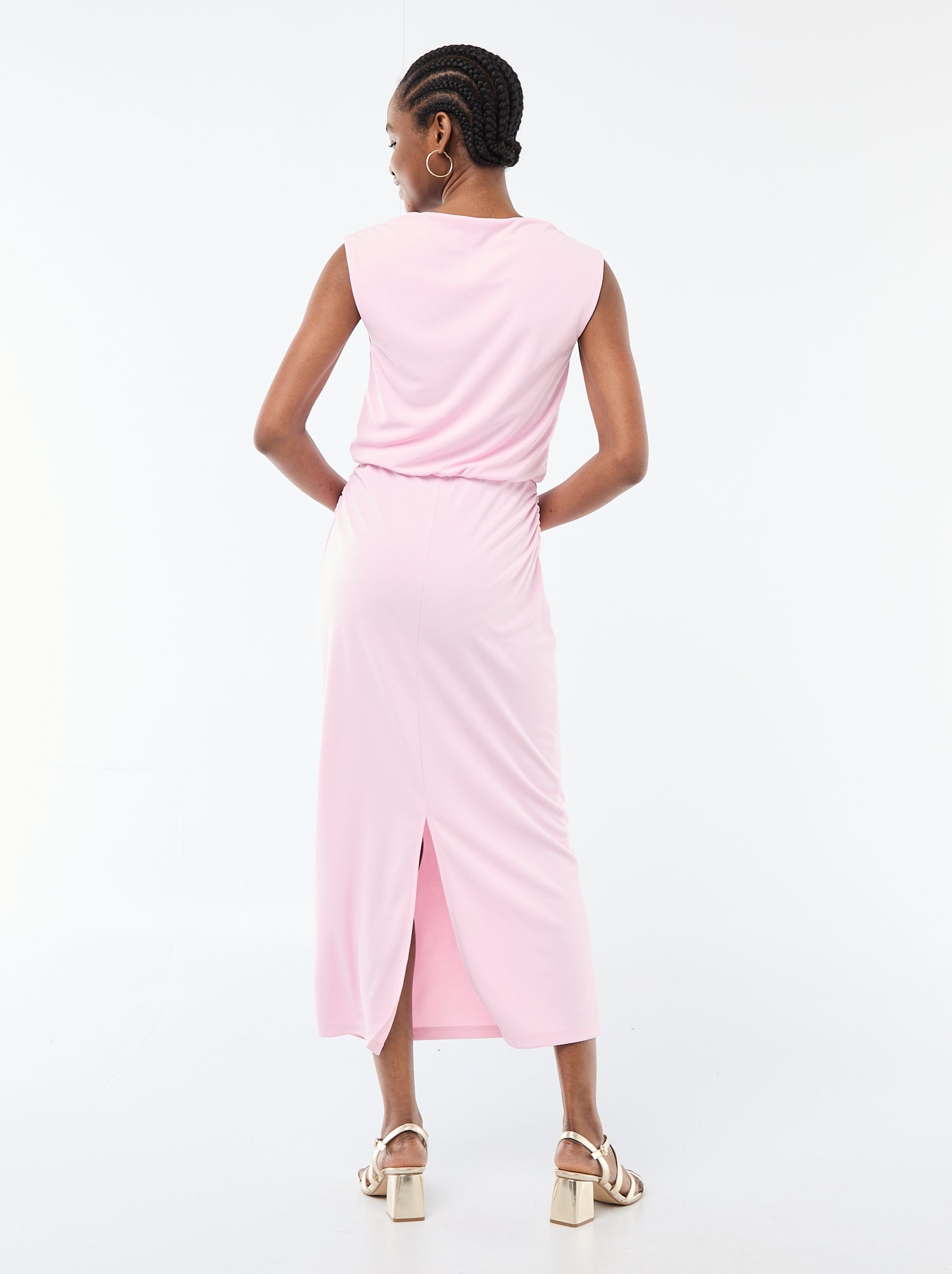 Robe longue drapée avec col bénitier - Rose