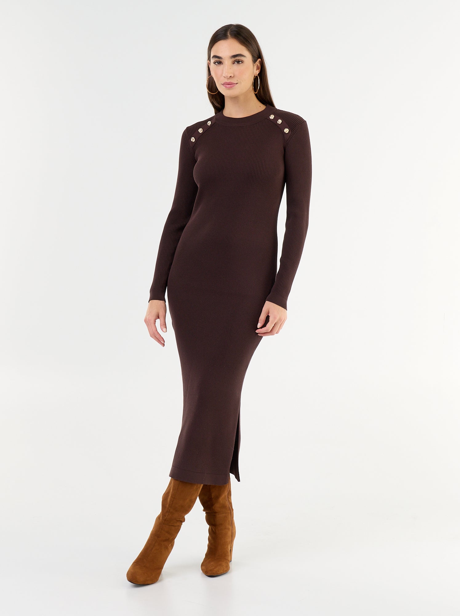 Robe longue en maille côtelée - Marron