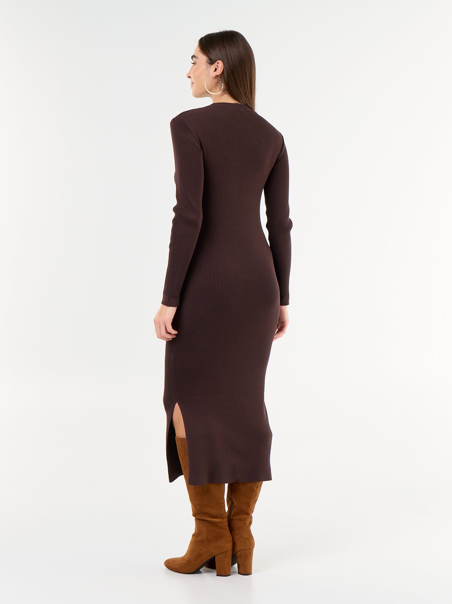 Robe longue en maille côtelée - Marron