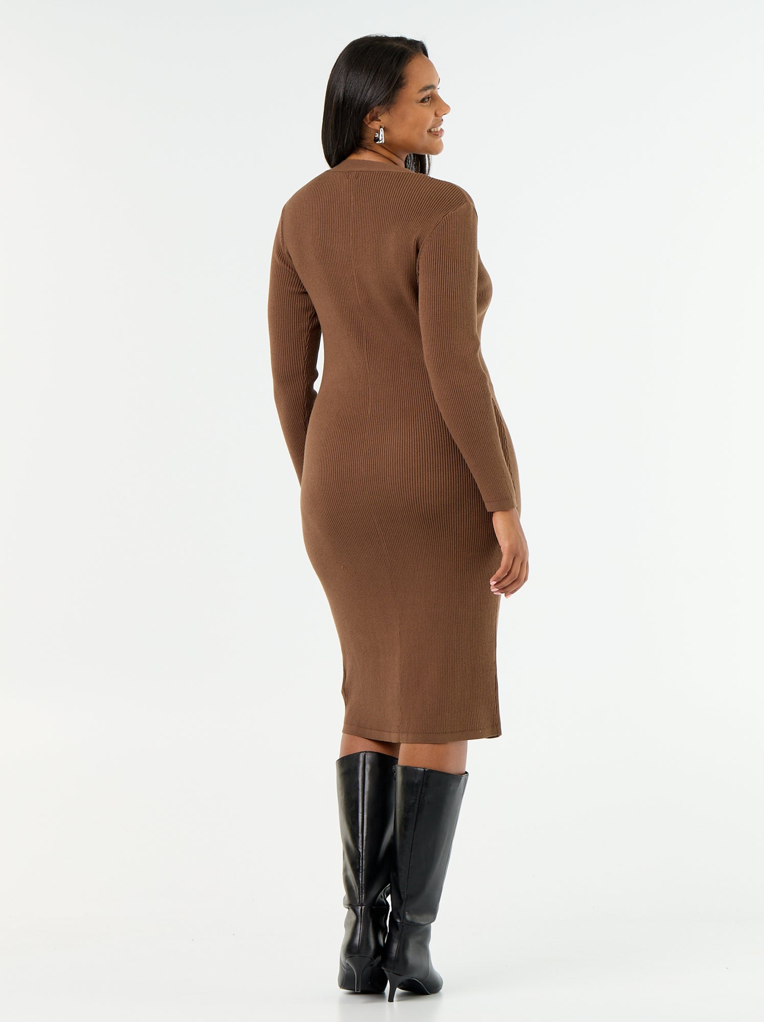 Robe longue en matière côtelé - Marron