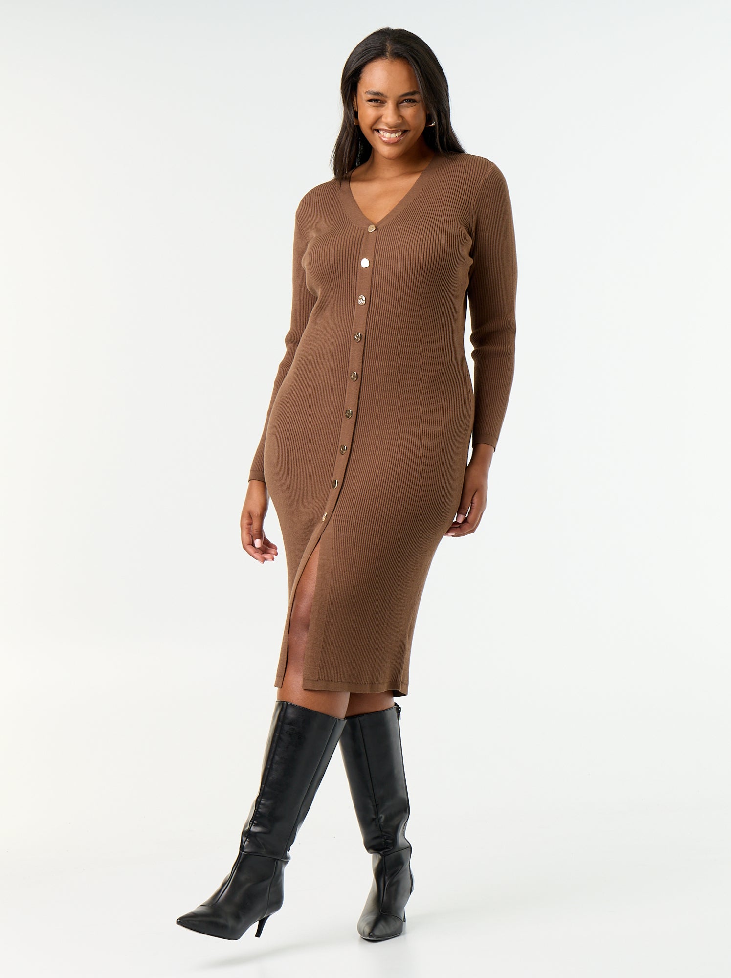 Robe longue en matière côtelé - Marron