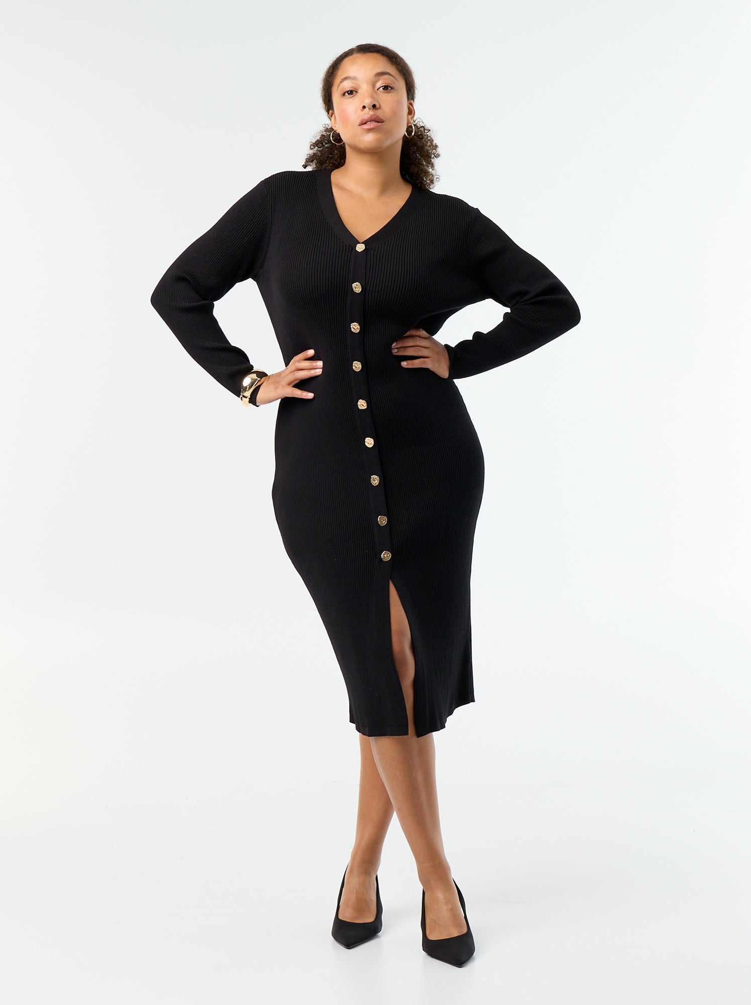 Robe longue en matière côtelé - Noir