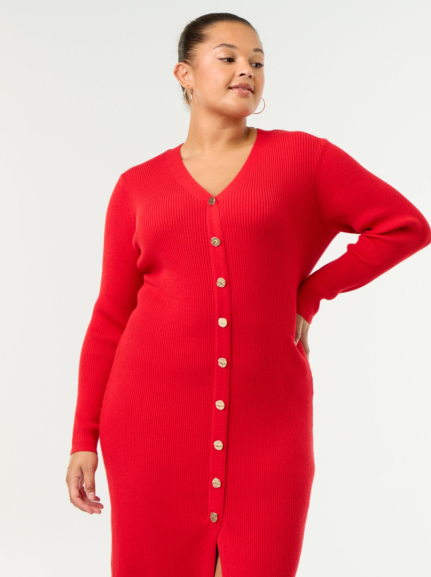 Robe longue en matière côtelé - Rouge