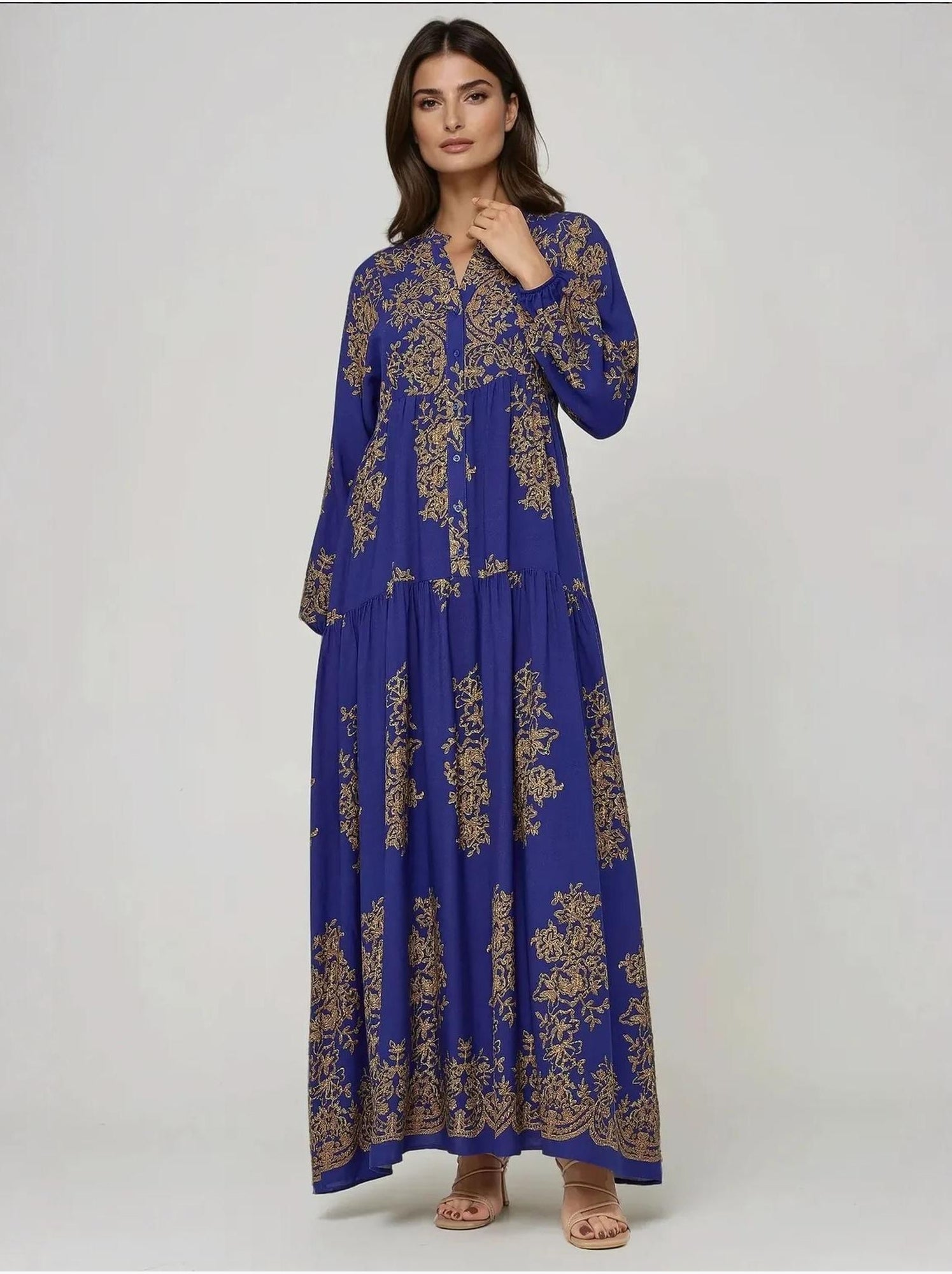 Robe longue en viscose imprimée avec col chemise - Bleu électrique