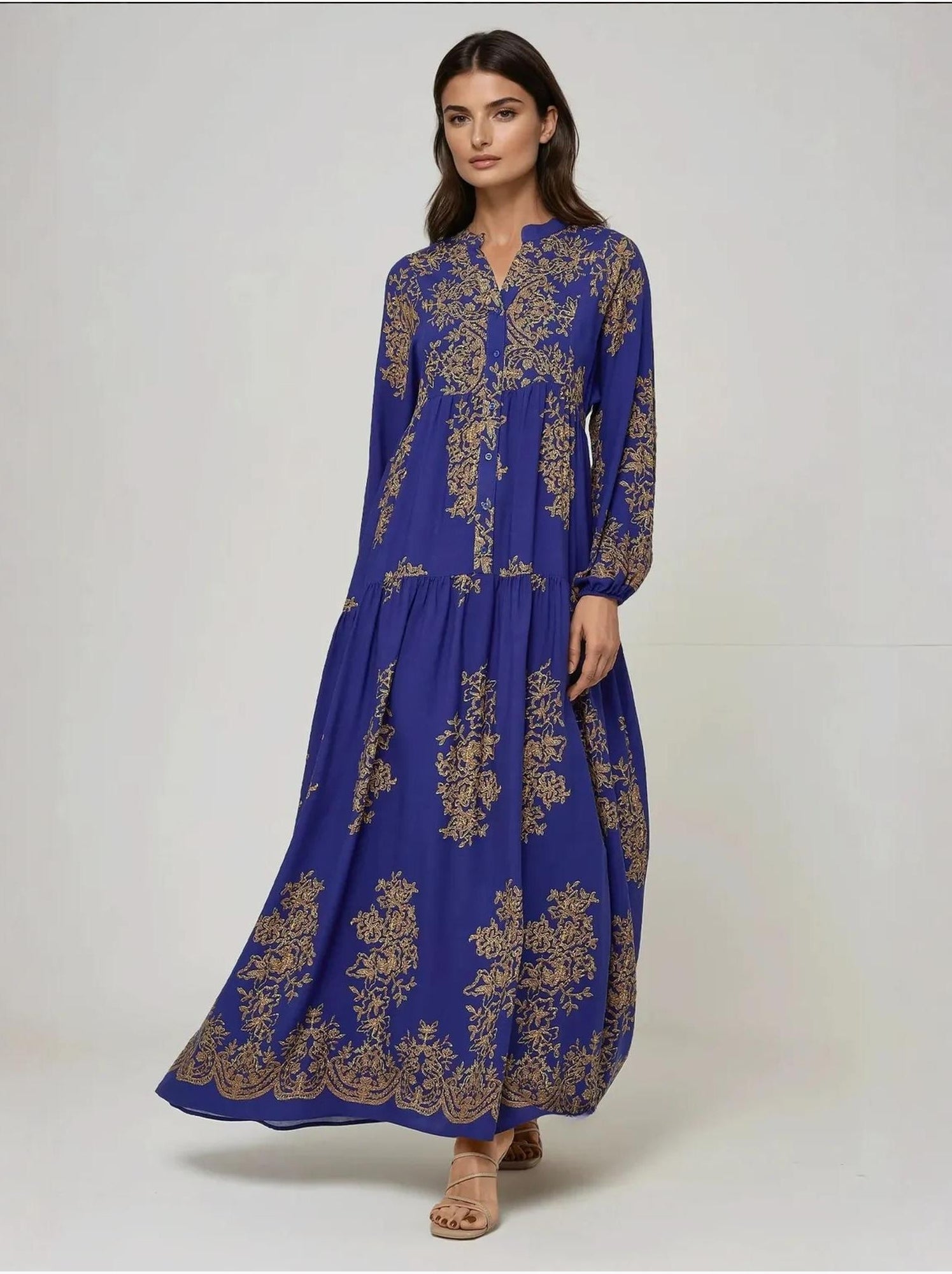Robe longue en viscose imprimée avec col chemise - Bleu électrique