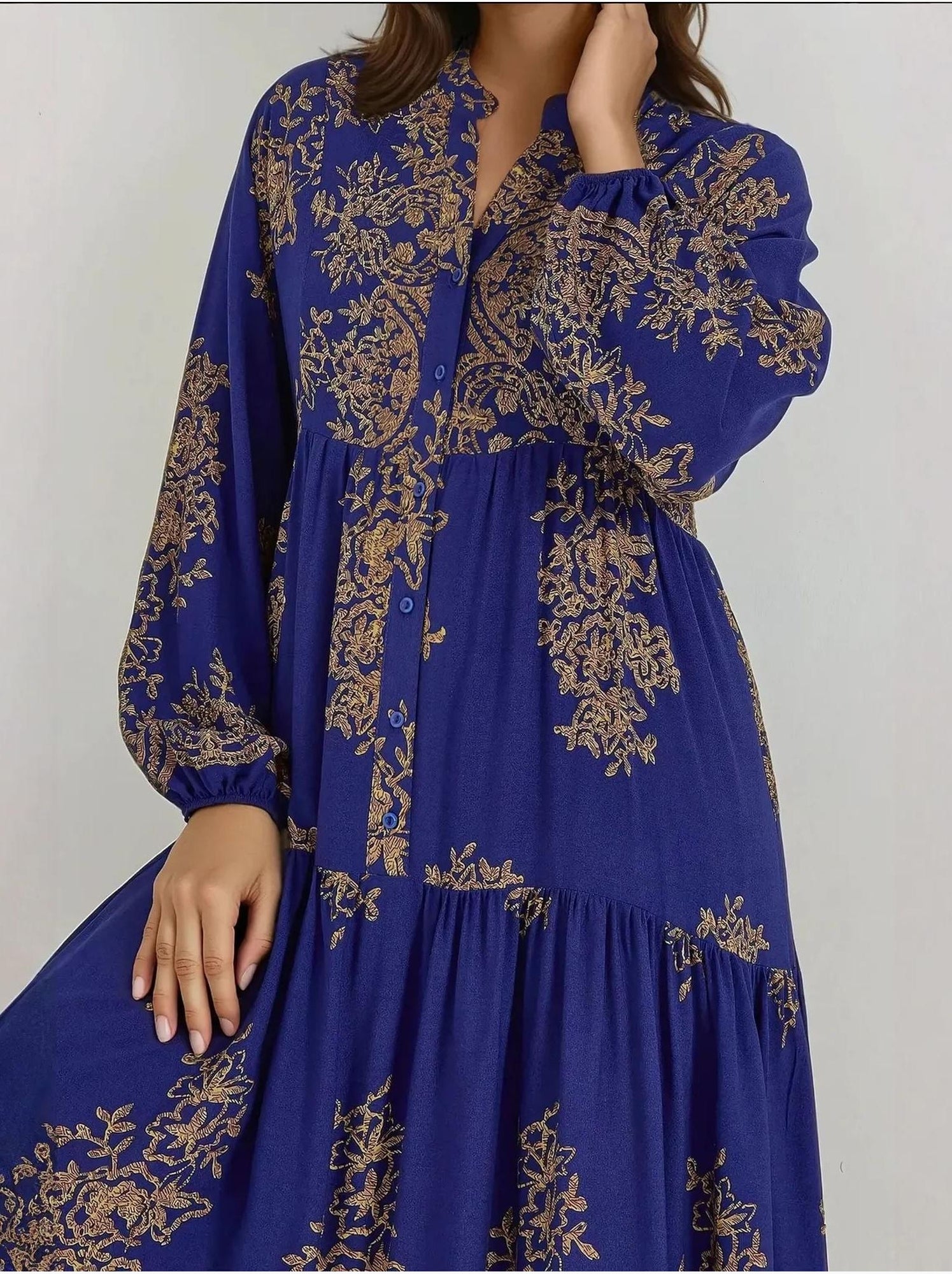Robe longue en viscose imprimée avec col chemise - Bleu électrique