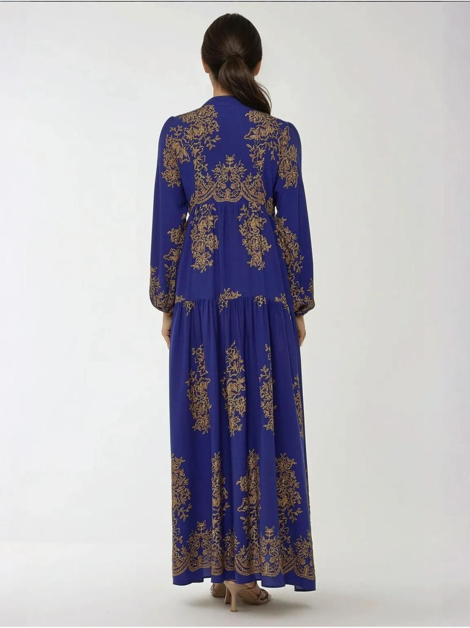 Robe longue en viscose imprimée avec col chemise - Bleu électrique