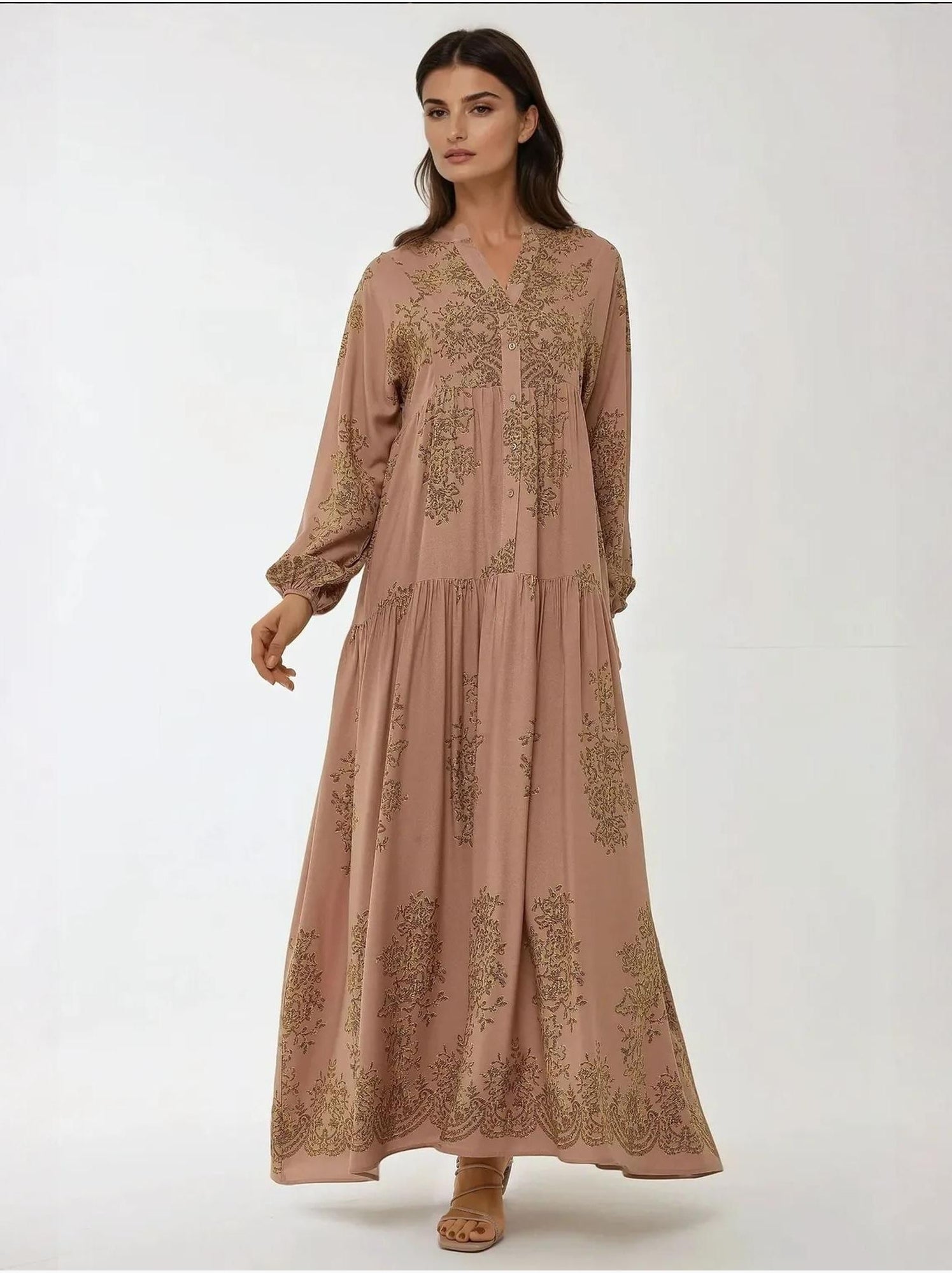 Robe longue en viscose imprimée avec col chemise - Marron clair