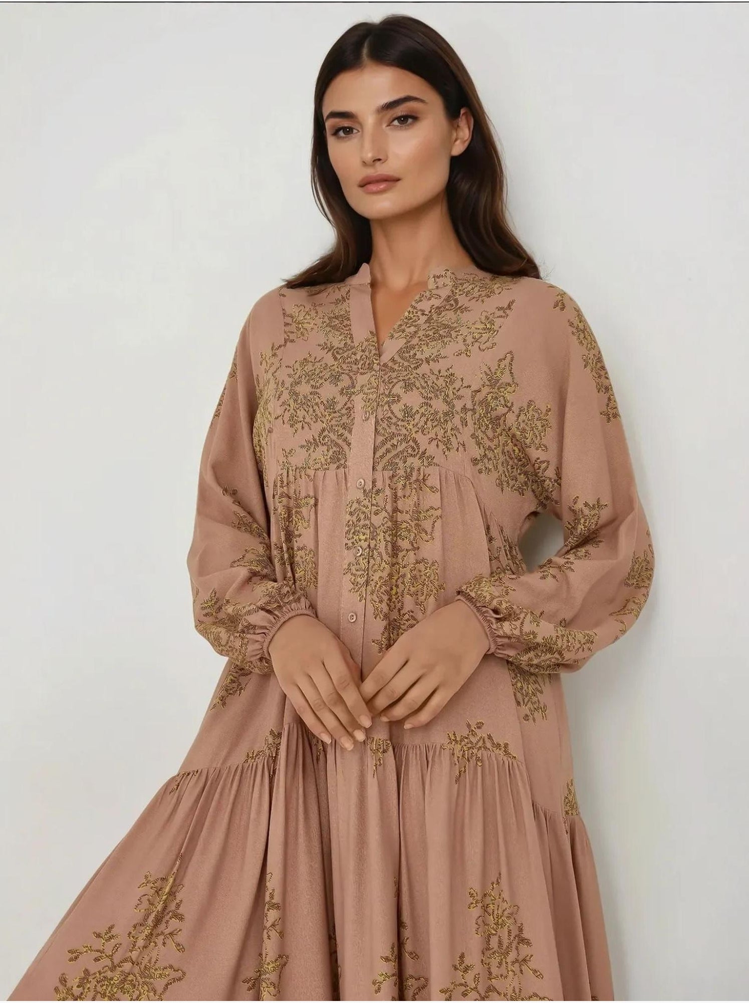 Robe longue en viscose imprimée avec col chemise - Marron clair