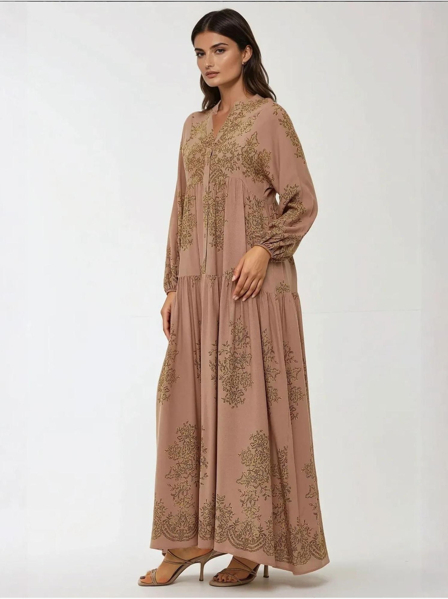Robe longue en viscose imprimée avec col chemise - Marron clair