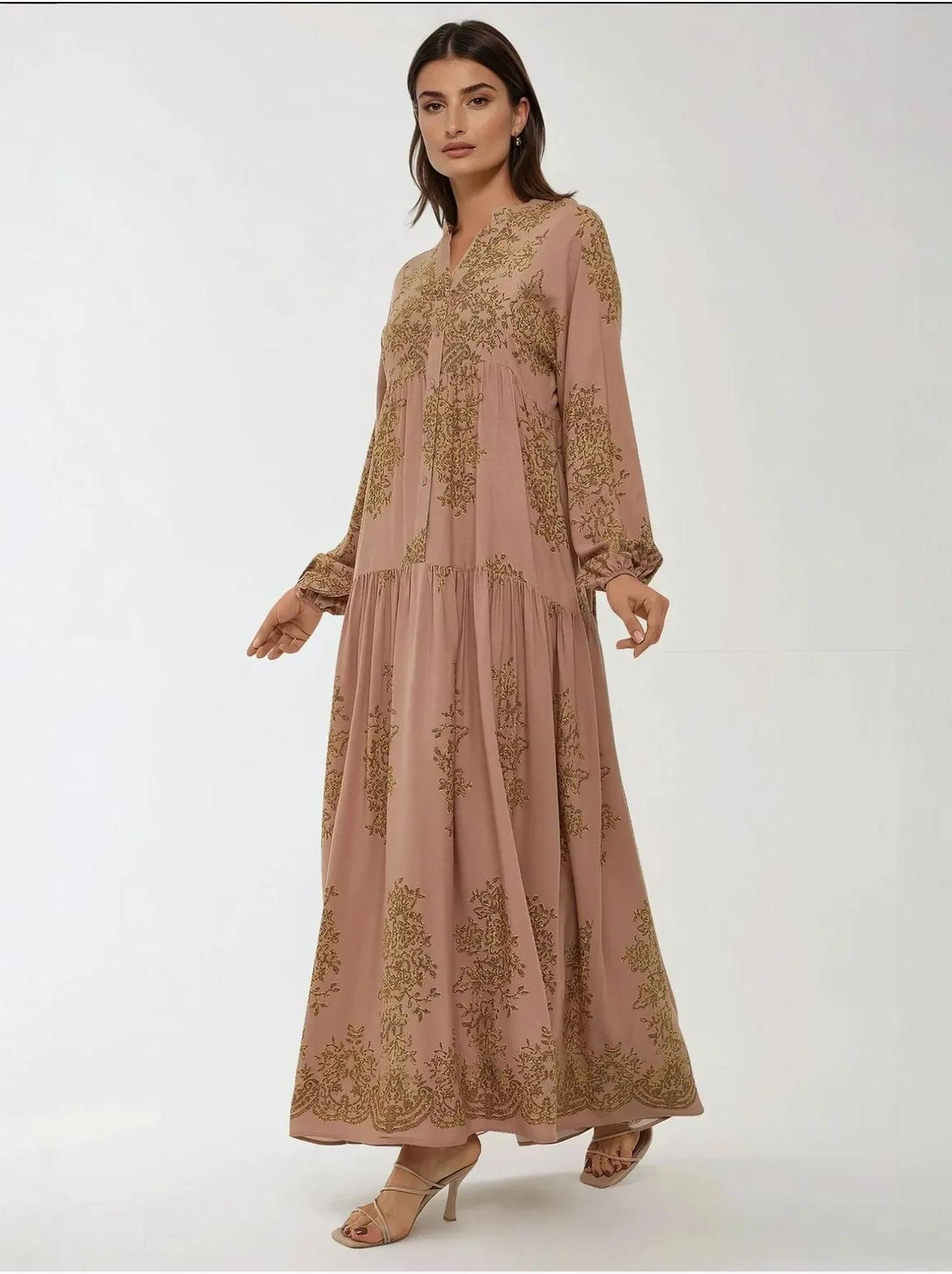 Robe longue en viscose imprimée avec col chemise - Marron clair