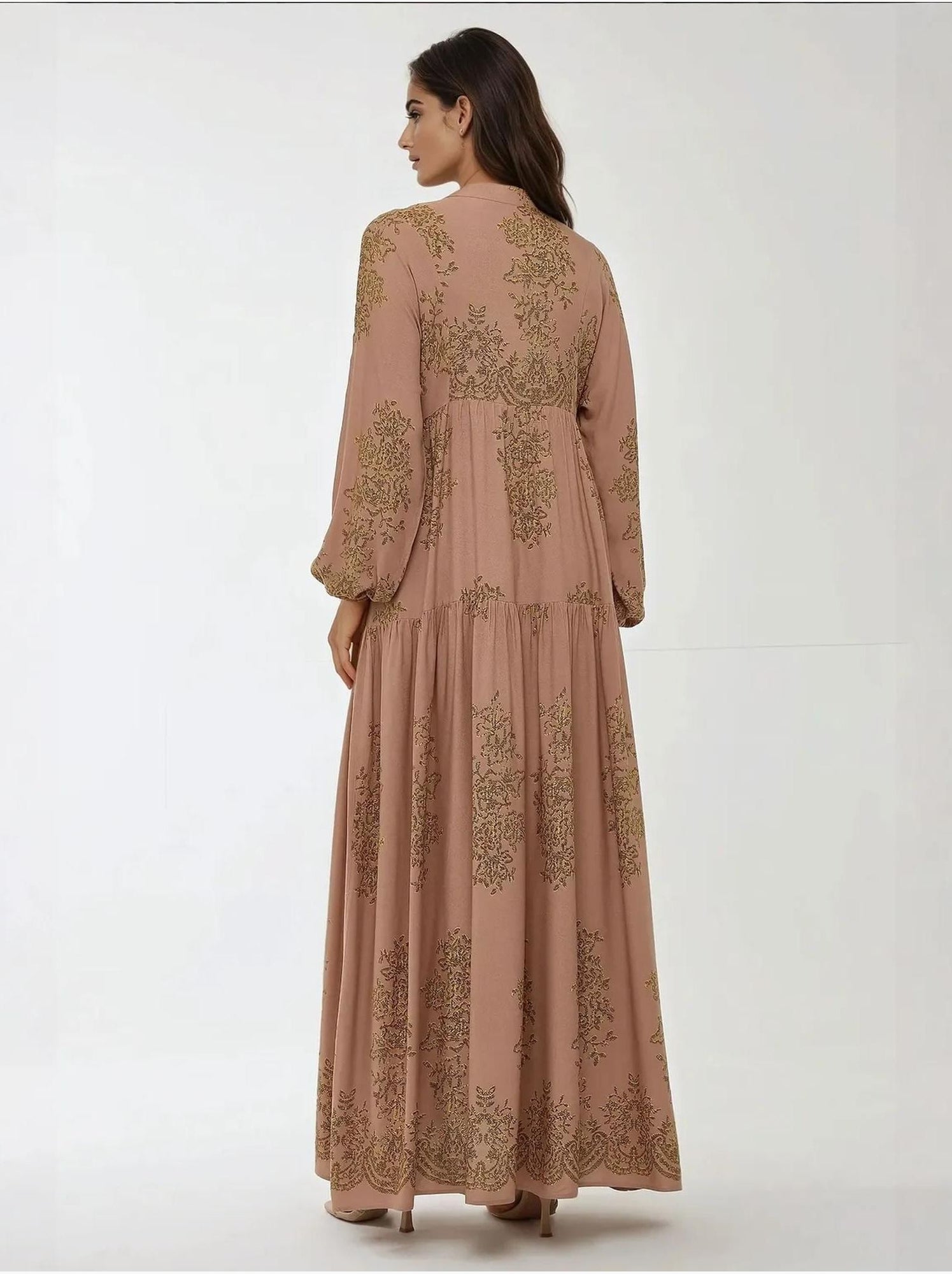Robe longue en viscose imprimée avec col chemise - Marron clair