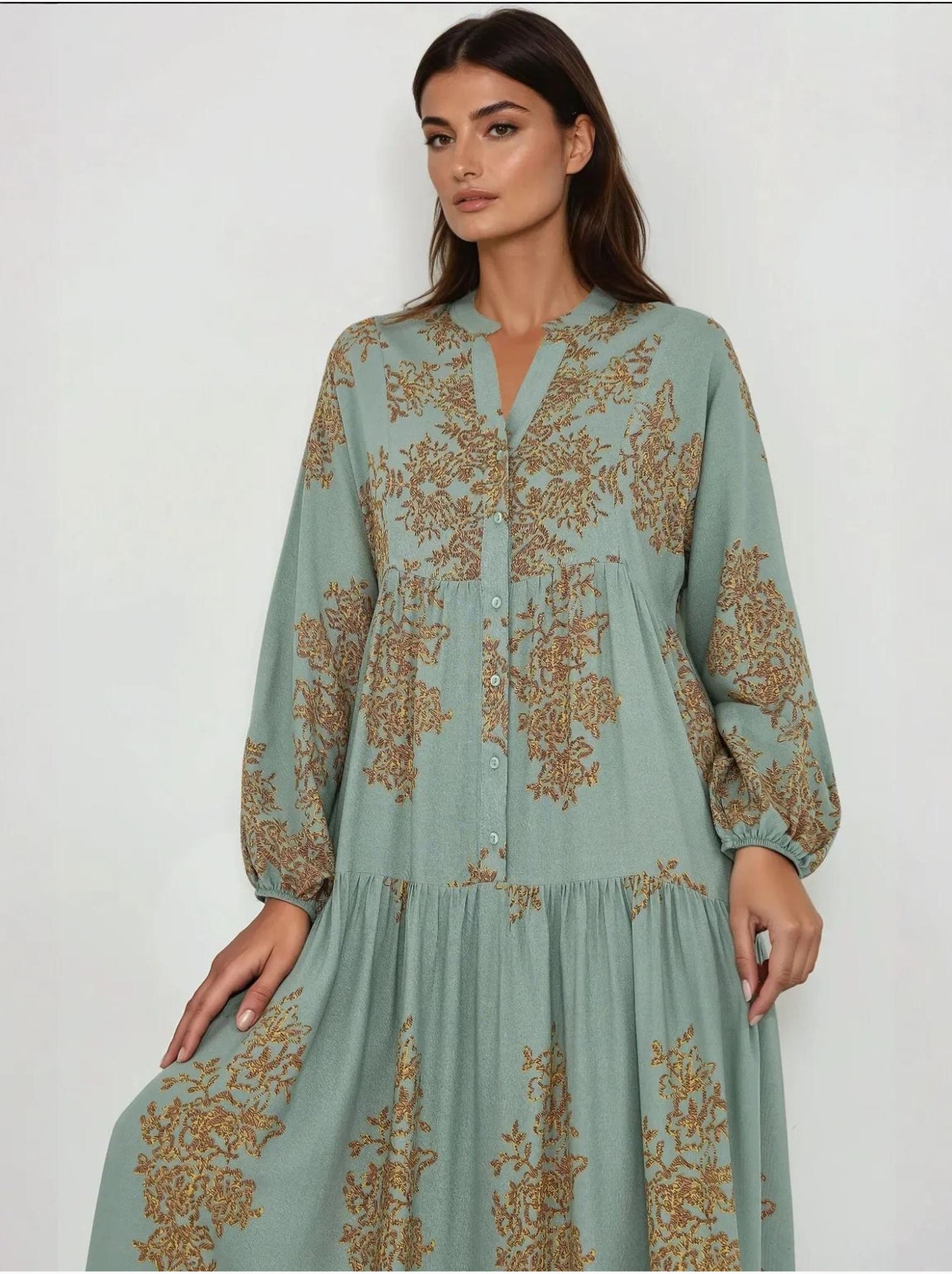 Robe longue en viscose imprimée avec col chemise - Vert menthe
