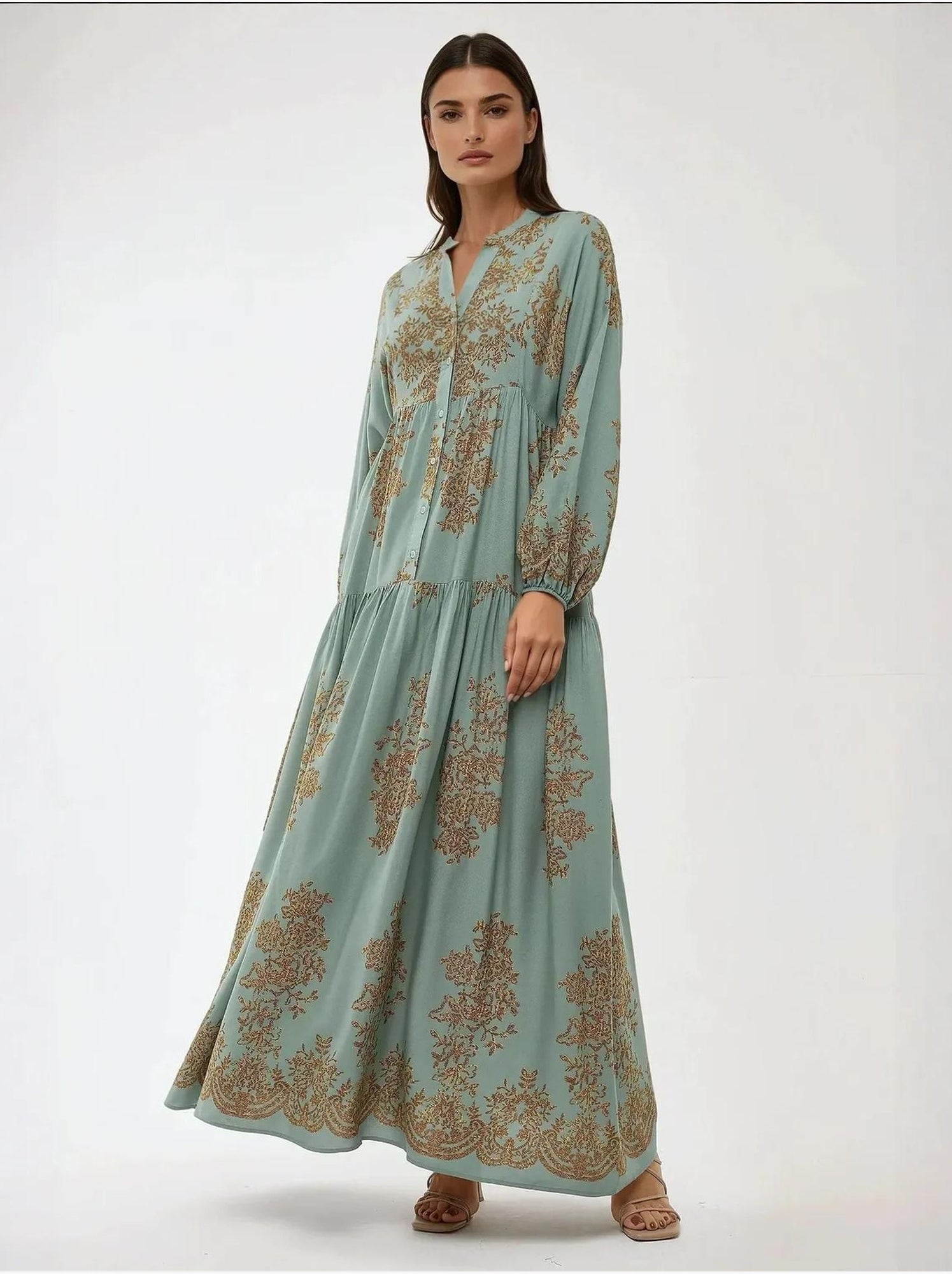 Robe longue en viscose imprimée avec col chemise - Vert menthe