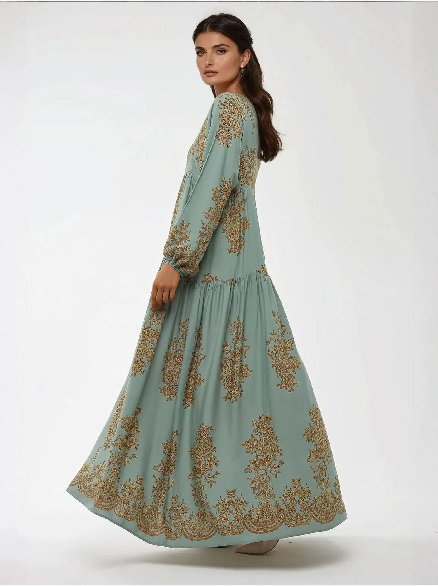 Robe longue en viscose imprimée avec col chemise - Vert menthe